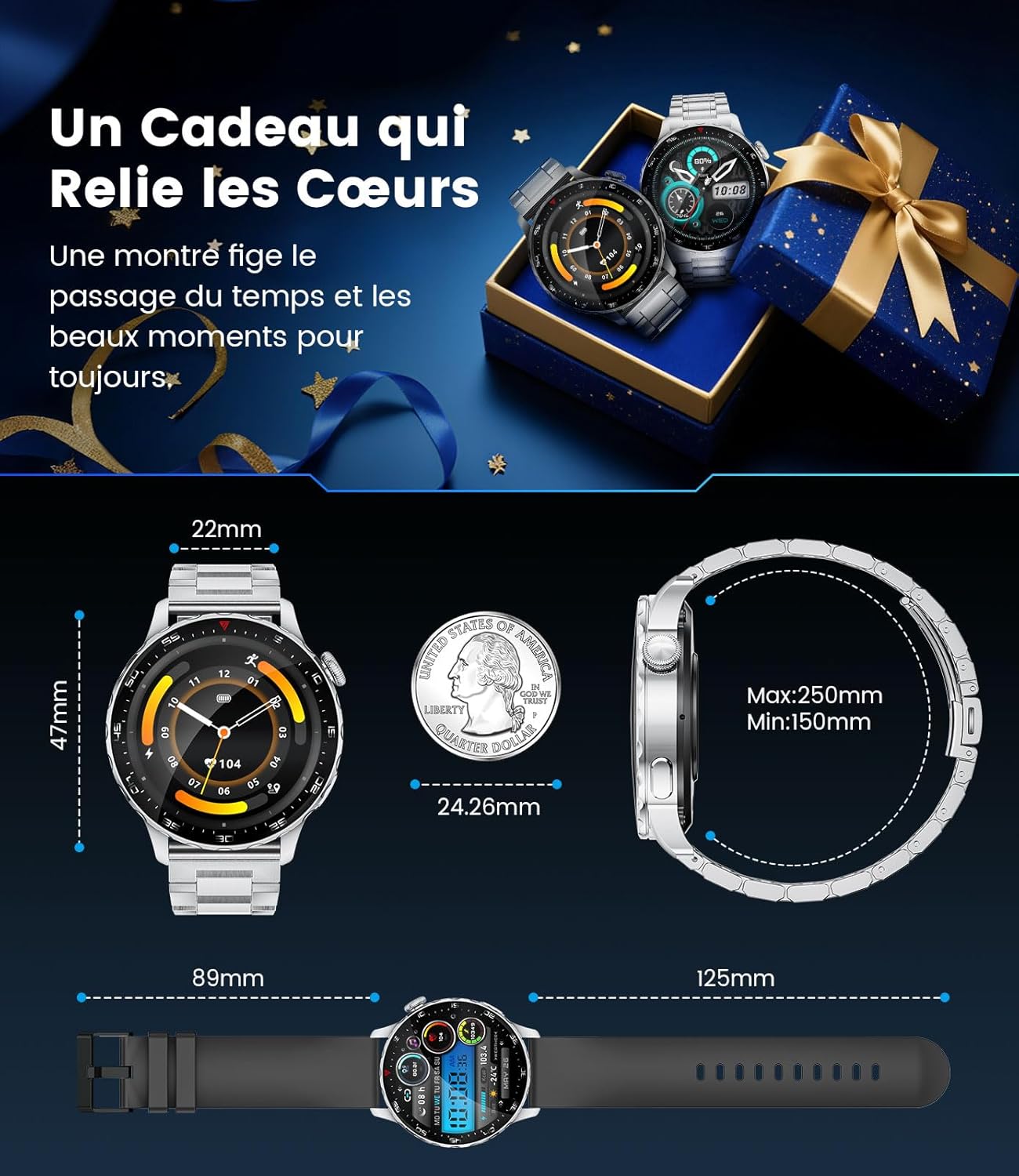 LIGE Montre connectée pour homme et femme avec 750 mAh, AMOLED 1,43", appel Bluetooth, Android iOS, étanche IP68, 120 + montre de sport, podomètre, sommeil, moniteur de fréquence cardiaque SpO2 – Image 10