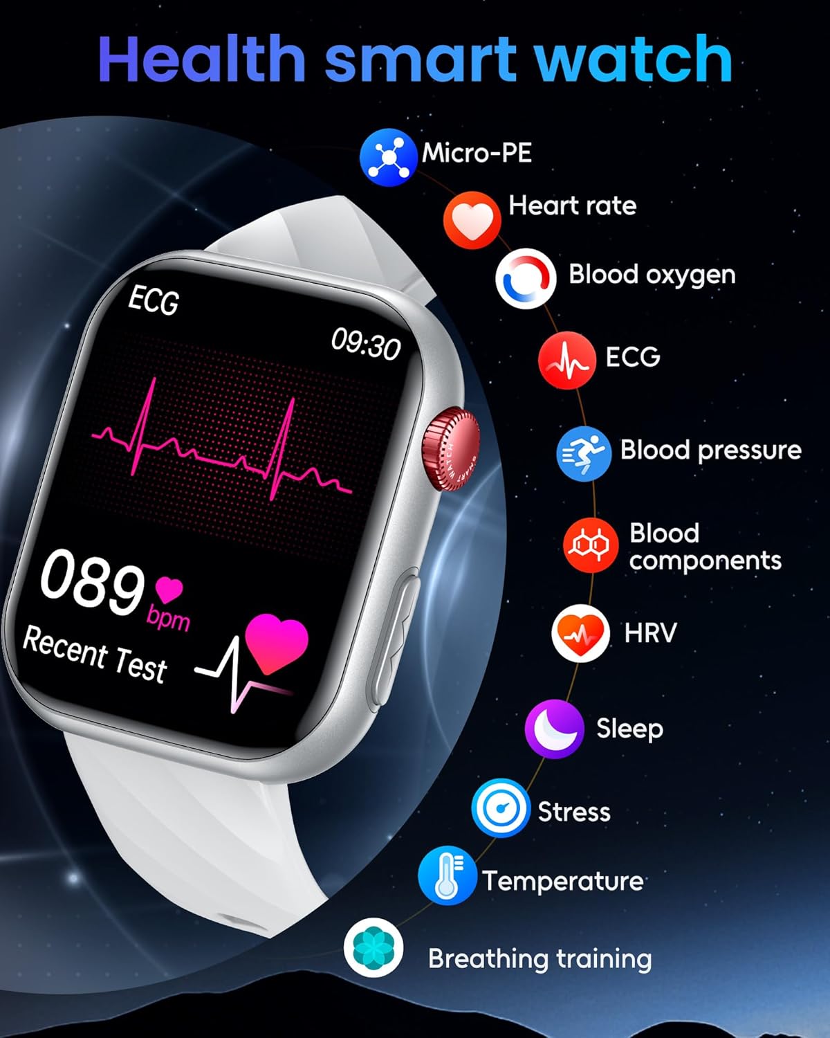 Montre intelligente ECG Santé Smartwatch - Écran 1,97 pouces avec appels Bluetooth HRV Plus de 130 modes Sport Sommeil Fréquence cardiaque SPO2 Montre podomètre étanche pour Android iOS – Image 3