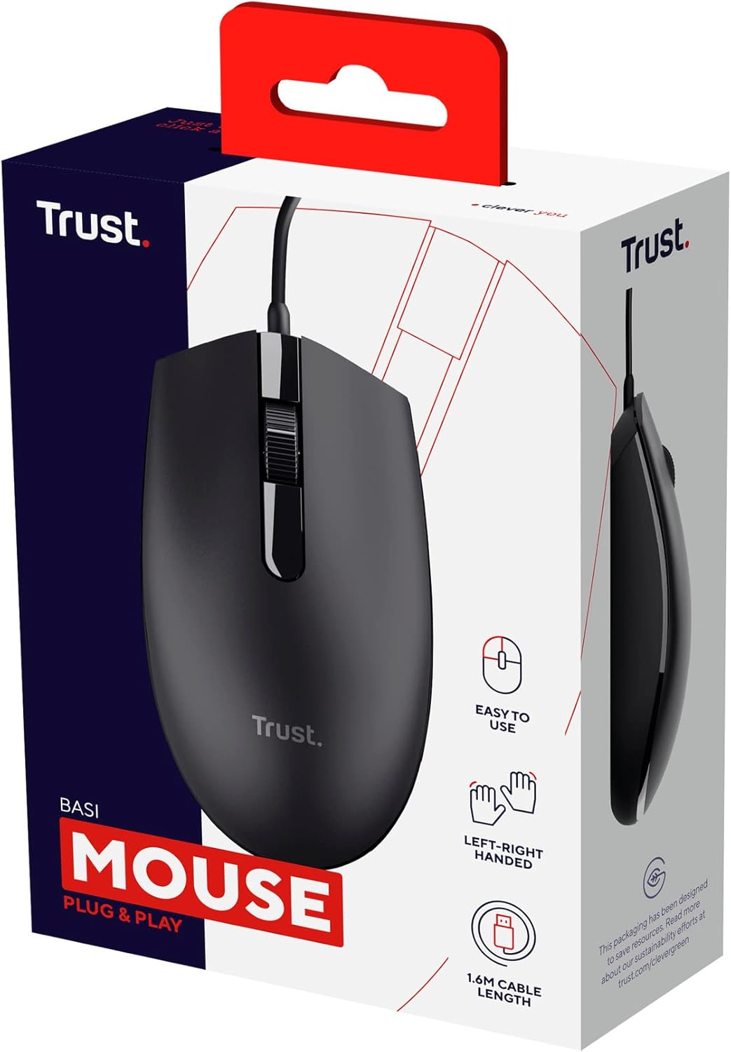 Trust Basi Souris Filaire 3 Boutons, Câble USB 160 cm, Mac/PC/Ordinateur - Noir – Image 7