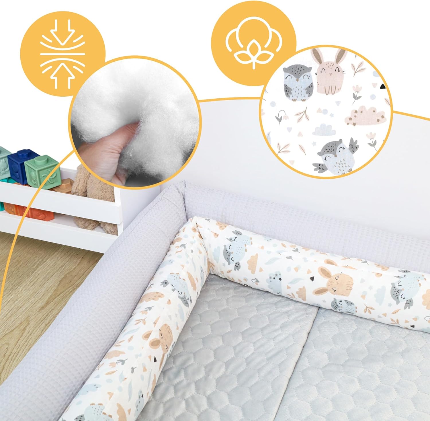 Totsy Baby Coussin Serpent XXL avec Bordure 300 cm - Protection de Bord d'allaitement décorative Bordure Serpent XL Fait à la Main Design Hibou Gris Clair Certificat Oeko-Tex – Image 5