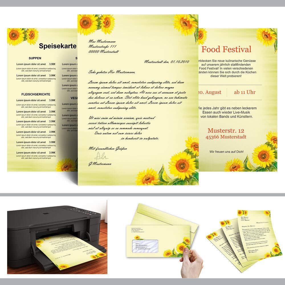 Ensemble complet de 20 pièces Fleurs & Pétales, TOURNESOLS 10 feuilles de papier à lettres et 10 enveloppes DIN LONG sans fenêtre | Papier-Support – Image 8