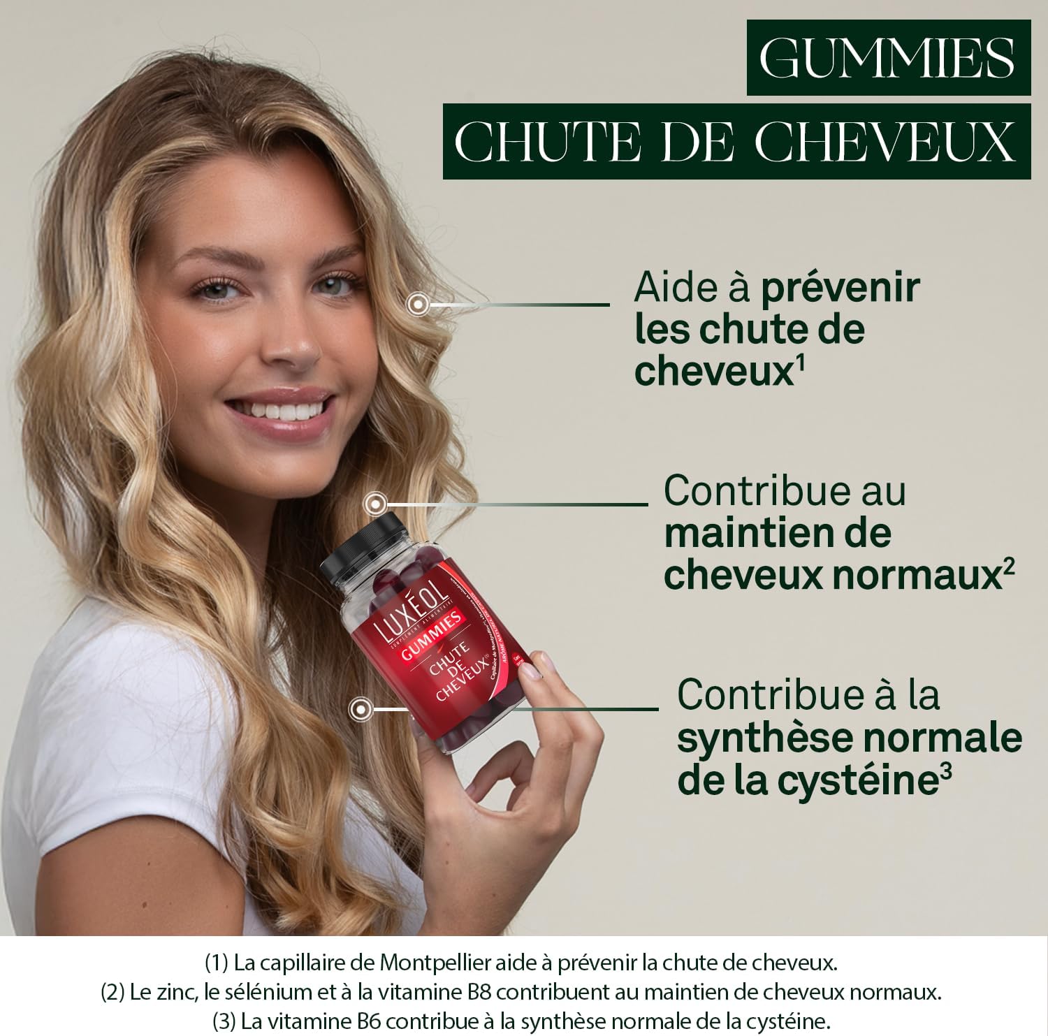LUXÉOL - Gummies Chute de Cheveux - Complément Alimentaire - Aide à prévenir la chute des cheveux - Arômes Naturels Orange & Mandarine - Sans Sucre - Fabriqué en France - Programme 1 Mois - 60 Gummies – Image 3