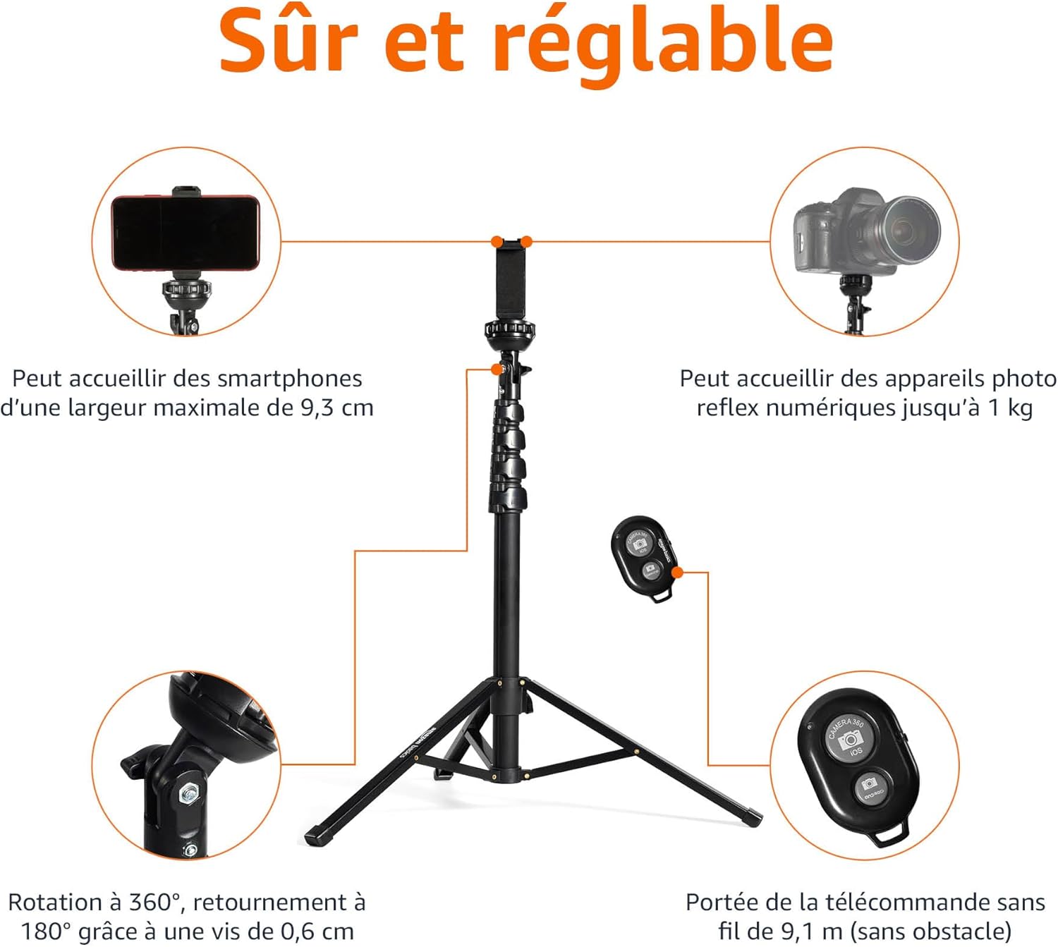 Amazon Basics Trépied extensible pour téléphone et perche à selfie 162 cm avec télécommande sans fil Noir – Image 6