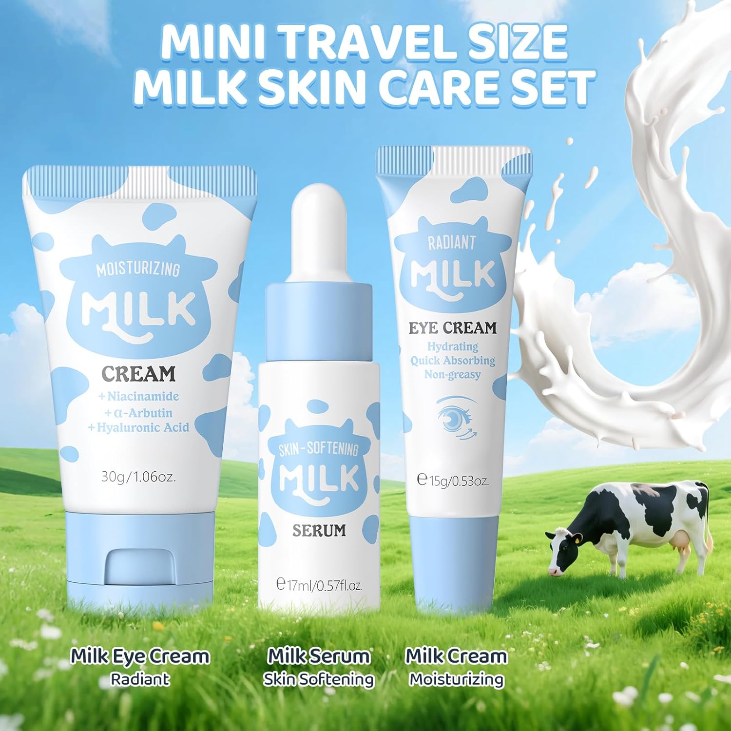 Mini ensemble de soins de la peau au lait 3 pièces, cadeau pour adolescents-avec sérum, crème pour les yeux et crème, Mini Kit de soins de la peau de voyage pour adolescents – Image 3