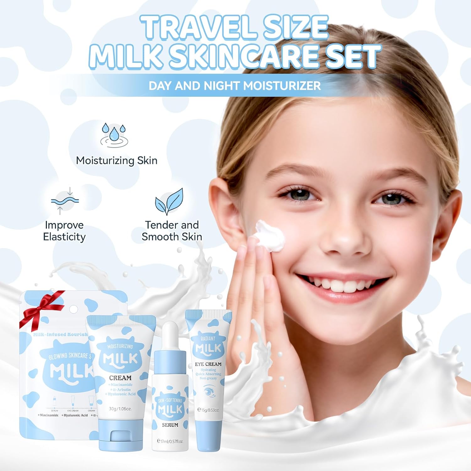 Mini ensemble de soins de la peau au lait 3 pièces, cadeau pour adolescents-avec sérum, crème pour les yeux et crème, Mini Kit de soins de la peau de voyage pour adolescents – Image 7