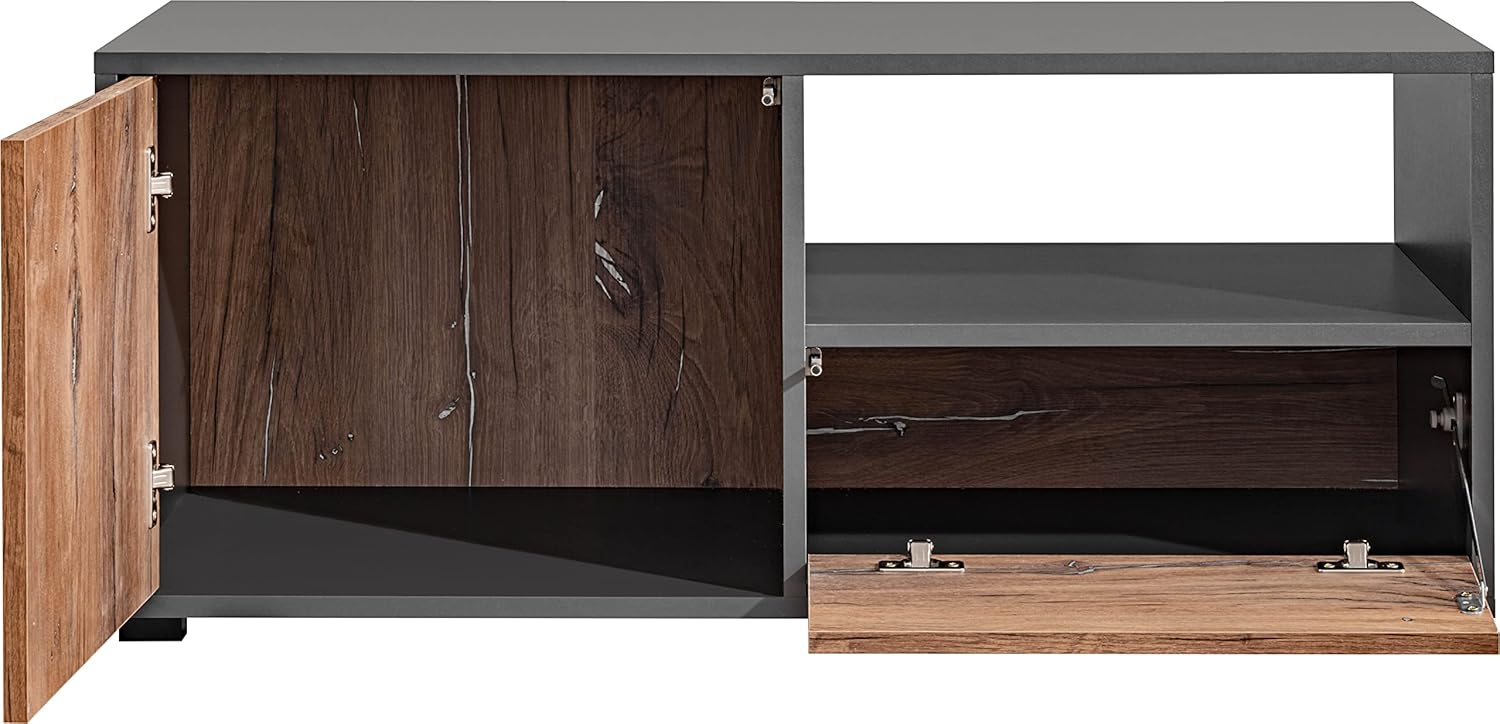 Table basse Orvieto, chêne anthracite noir, portes, pieds, étagère – Image 6