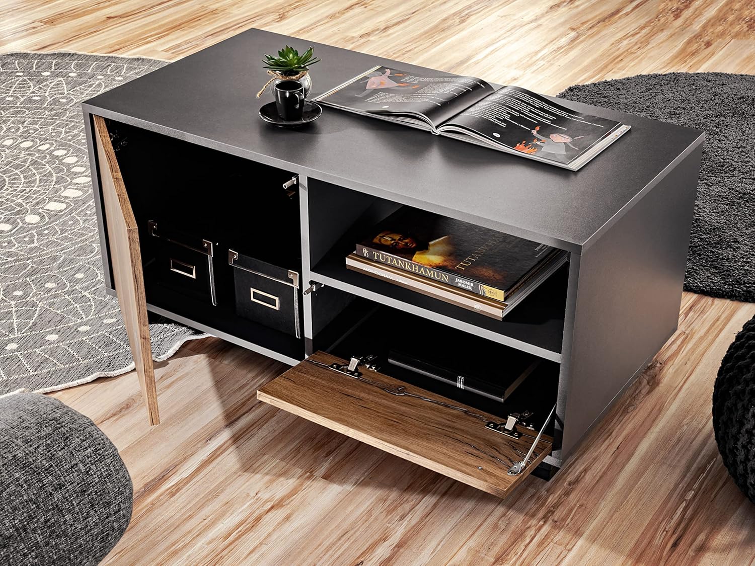 Table basse Orvieto, chêne anthracite noir, portes, pieds, étagère – Image 7