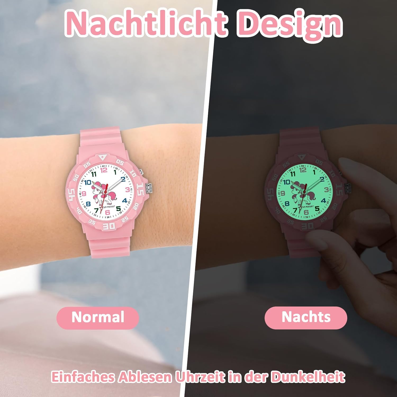 Montre pour enfants avec veilleuse Licorne Montres Filles Montre analogique pour enfants Garçons Filles Montre étanche 30 m pour 4-12 ans Facile à lire l'heure ou cadeaux pour enfants – Image 3