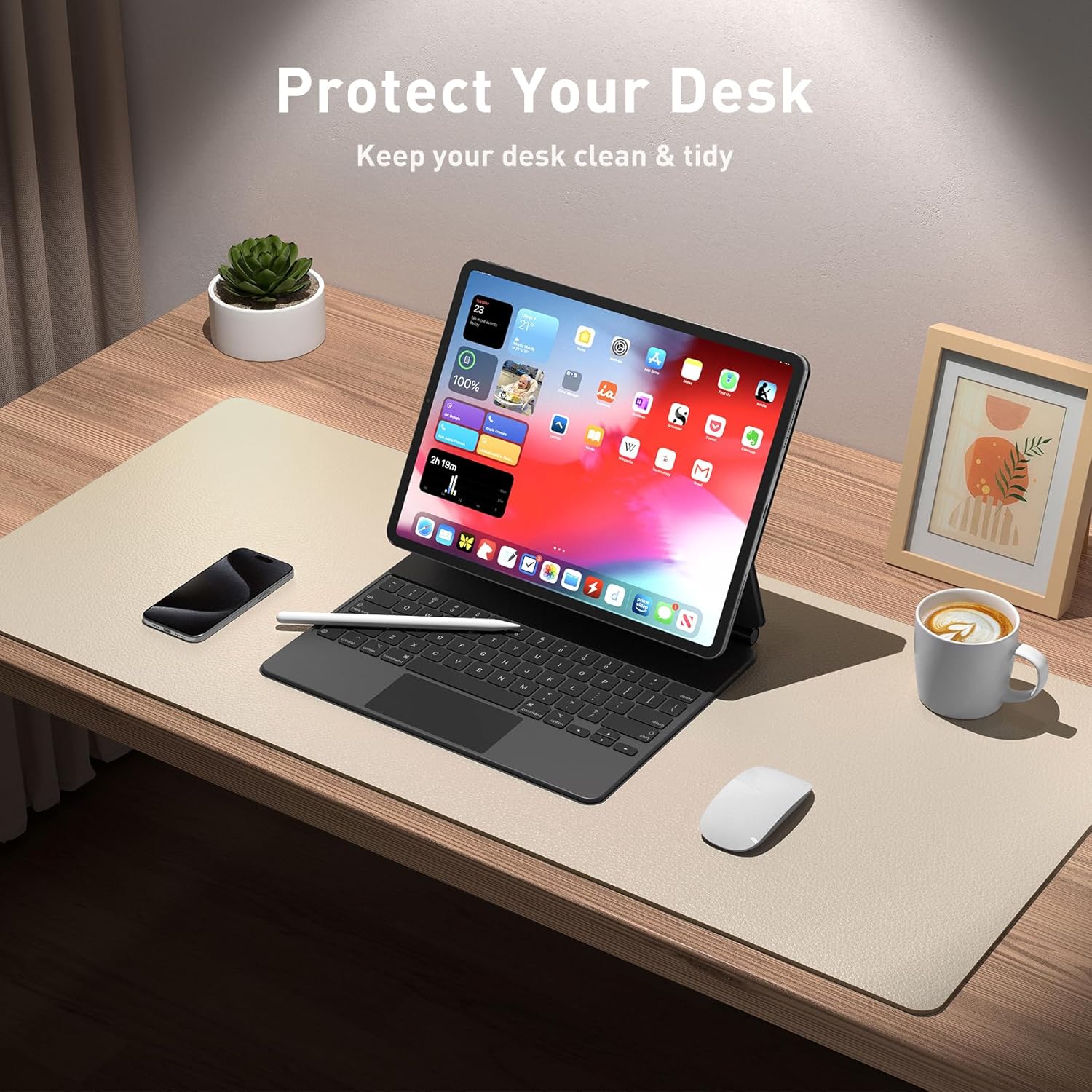 Protecteur de sous-main en cuir, tapis de souris, sous-main en cuir PU antidérapant, sous-main pour ordinateur portable, bloc-notes de bureau étanche pour le bureau et la maison (31,5" x 15,7", beige) – Image 5