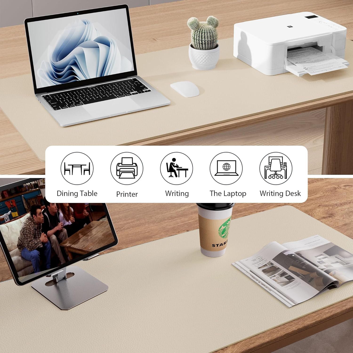 Protecteur de sous-main en cuir, tapis de souris, sous-main en cuir PU antidérapant, sous-main pour ordinateur portable, bloc-notes de bureau étanche pour le bureau et la maison (31,5" x 15,7", beige) – Image 8