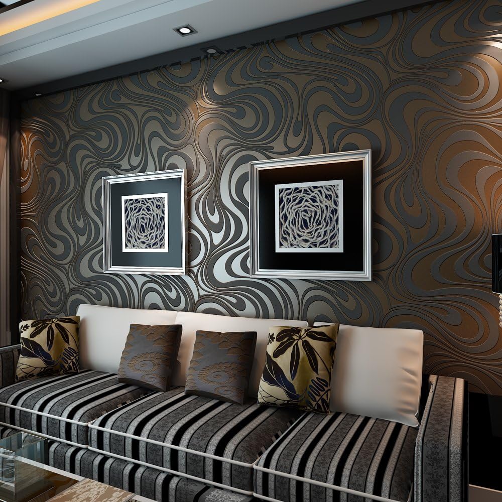 Rouleau de papier peint ondulé rayé abstrait 3D moderne non collé pour salon chambre à coucher couleur marron noir 0,7 m (2,29' de largeur) x 8,45 m (27,56' de longueur) = 5,88 ㎡ – Image 9