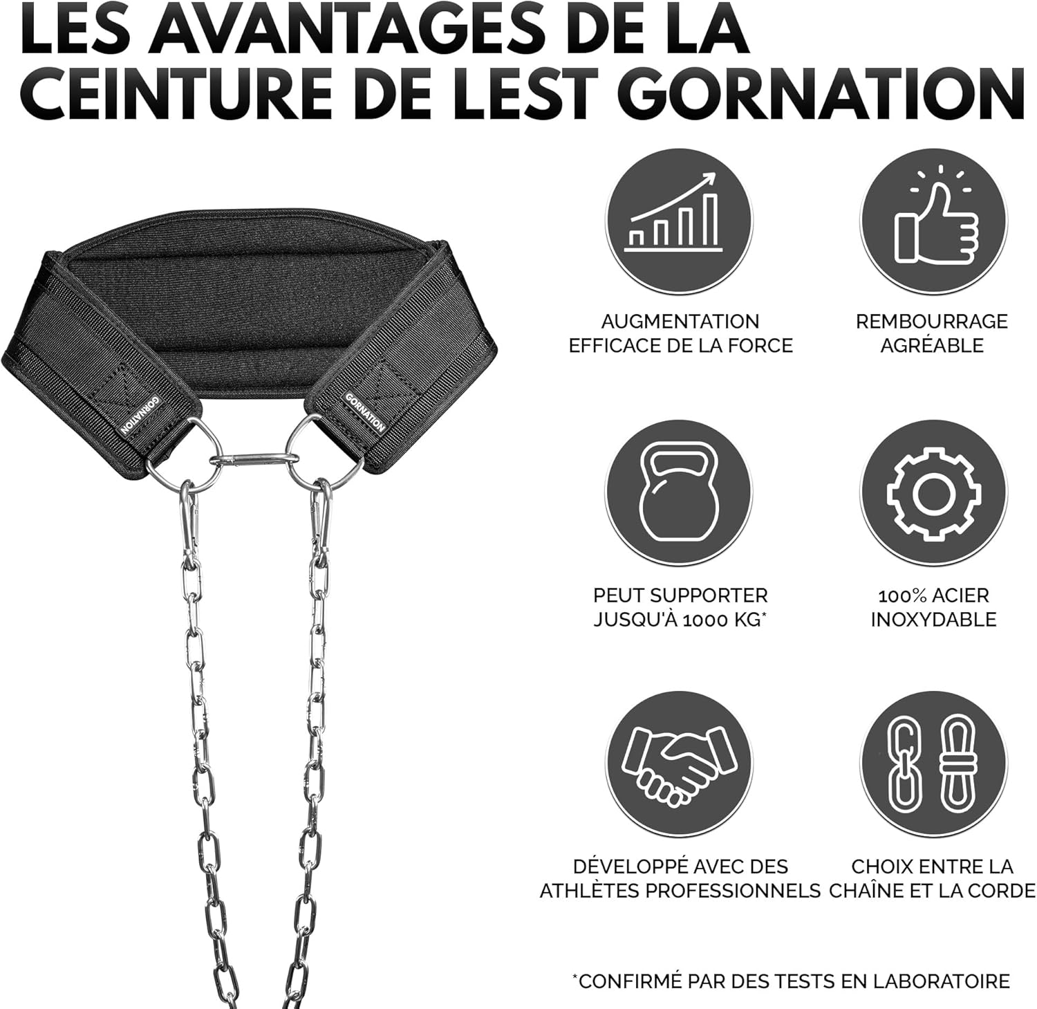 GORNATION Ceinture de musculation jusqu'à 1000 kg de charge, fixation d'un poids supplémentaire avec chaîne ou corde, entraînement de rue et fitness, ceinture de musculation en acier inoxydable – Image 4