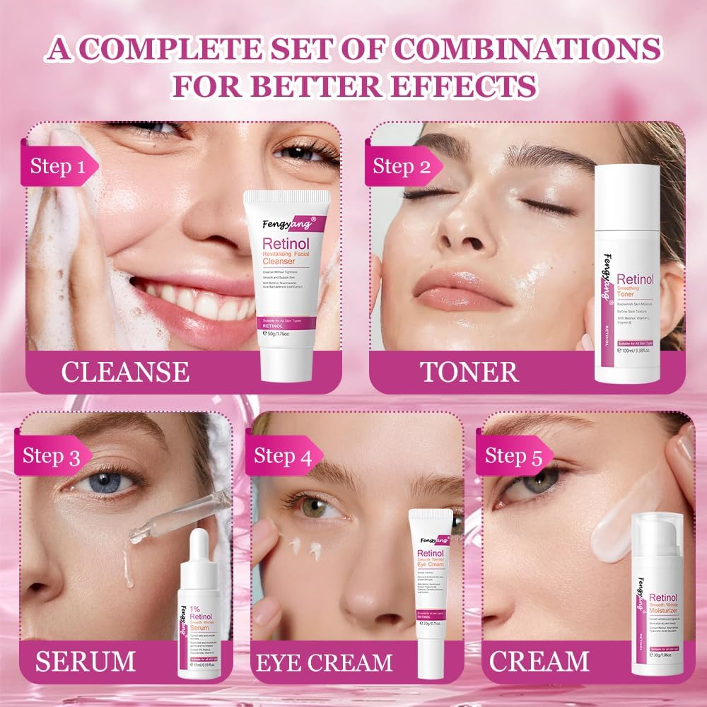 Fengyang 5 pièces pour kit hydratant et nettoyant pour la peau, ensemble de soins de la peau au rétinol, coffret cadeau pour filles et femmes, kit de routine de soins de la peau – Image 3