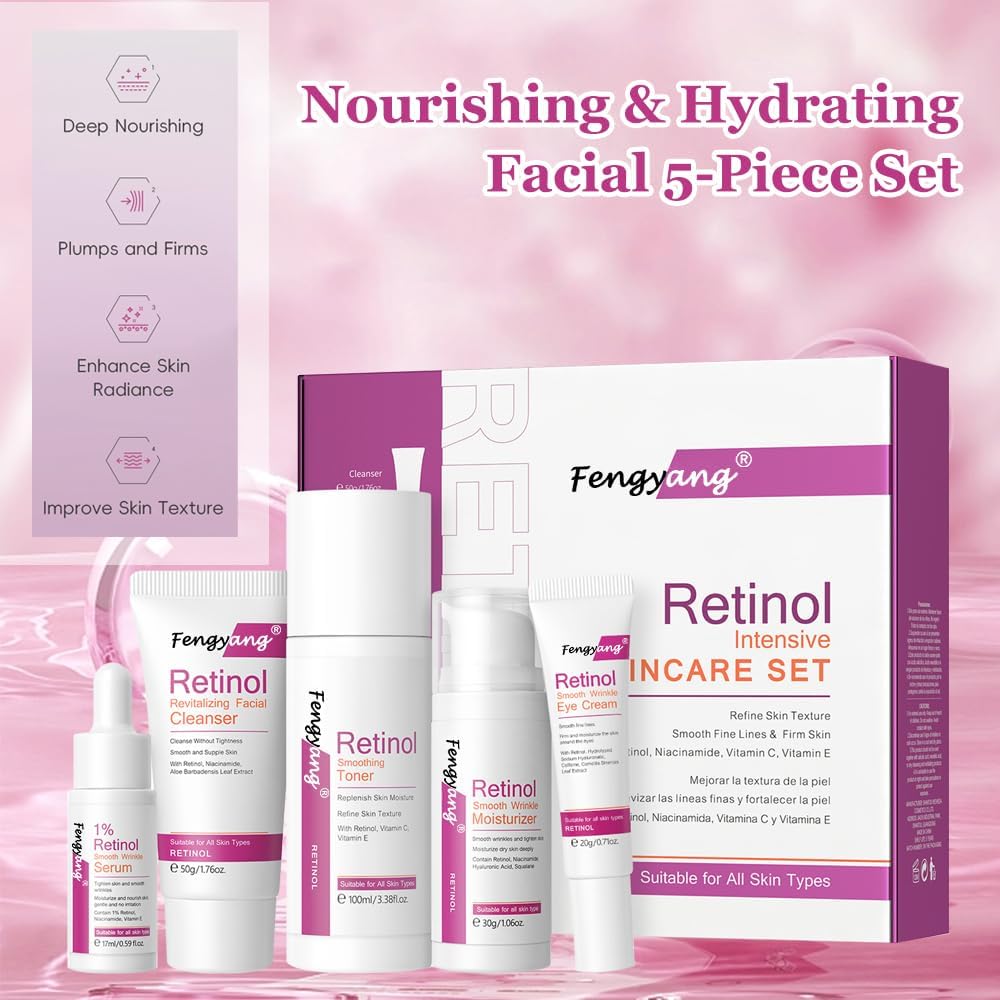 Fengyang 5 pièces pour kit hydratant et nettoyant pour la peau, ensemble de soins de la peau au rétinol, coffret cadeau pour filles et femmes, kit de routine de soins de la peau – Image 4