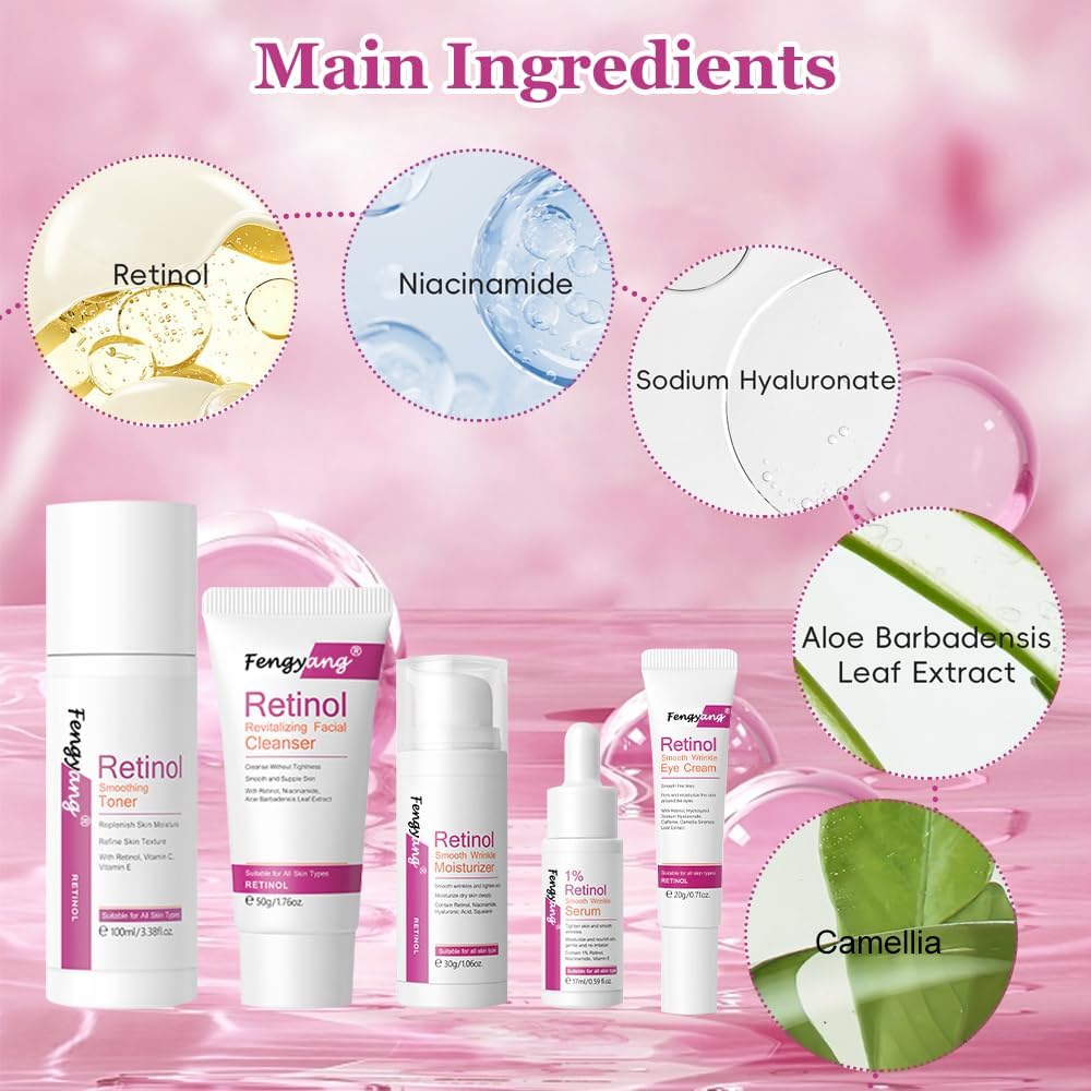 Fengyang 5 pièces pour kit hydratant et nettoyant pour la peau, ensemble de soins de la peau au rétinol, coffret cadeau pour filles et femmes, kit de routine de soins de la peau – Image 5
