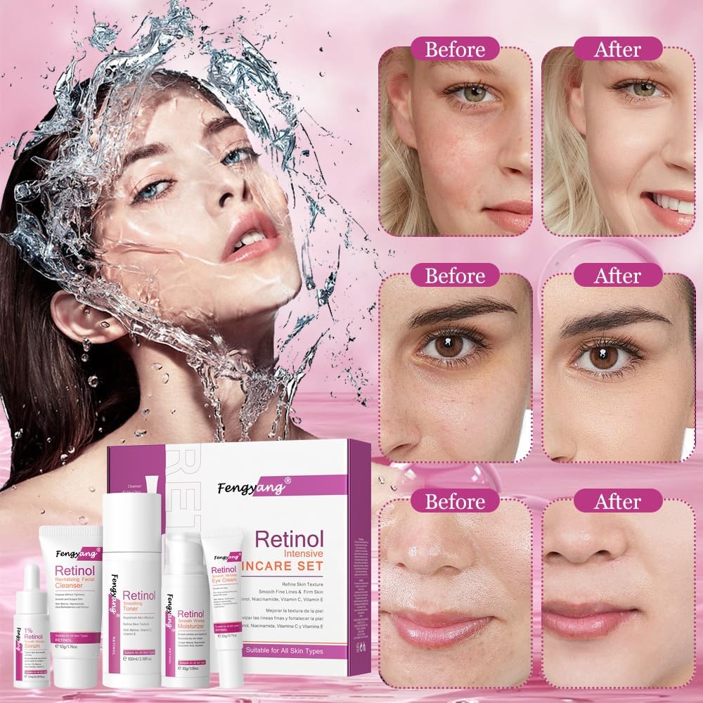 Fengyang 5 pièces pour kit hydratant et nettoyant pour la peau, ensemble de soins de la peau au rétinol, coffret cadeau pour filles et femmes, kit de routine de soins de la peau – Image 6