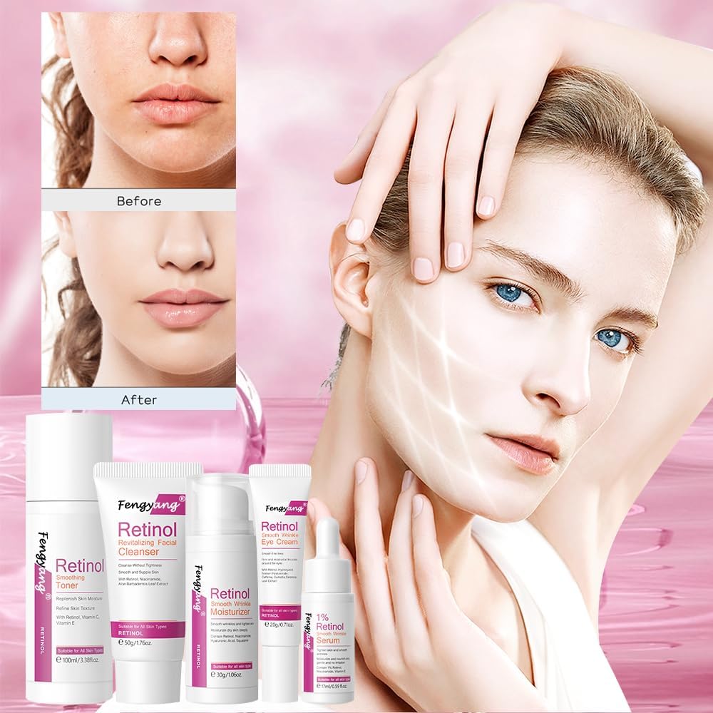 Fengyang 5 pièces pour kit hydratant et nettoyant pour la peau, ensemble de soins de la peau au rétinol, coffret cadeau pour filles et femmes, kit de routine de soins de la peau – Image 7