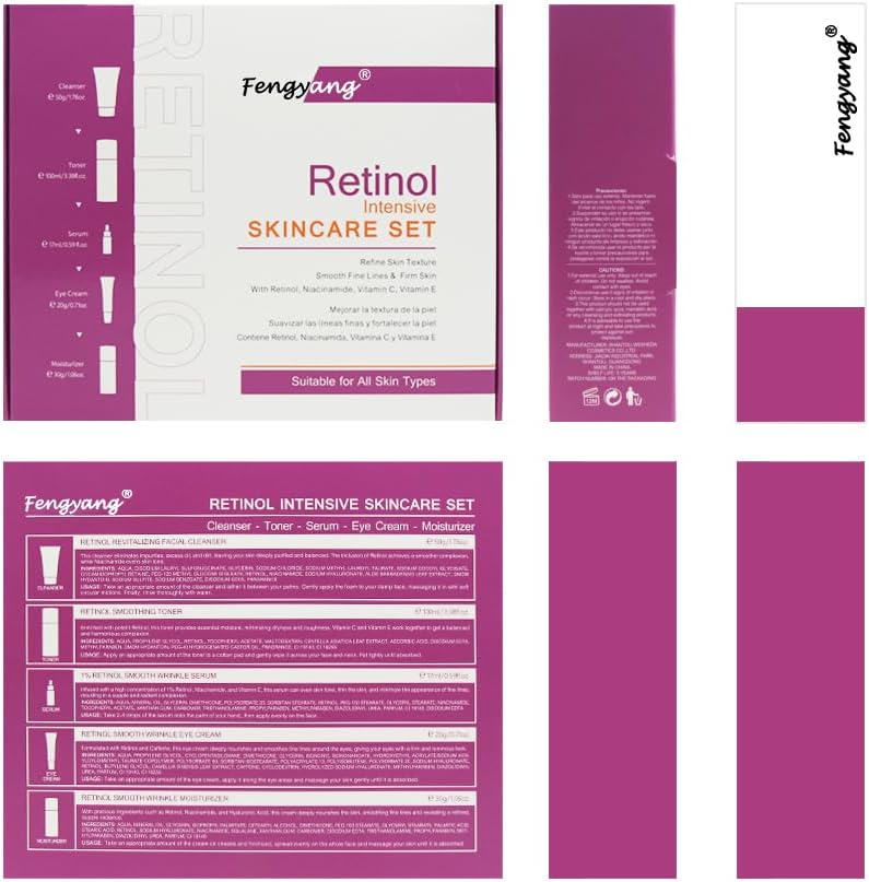 Fengyang 5 pièces pour kit hydratant et nettoyant pour la peau, ensemble de soins de la peau au rétinol, coffret cadeau pour filles et femmes, kit de routine de soins de la peau – Image 9