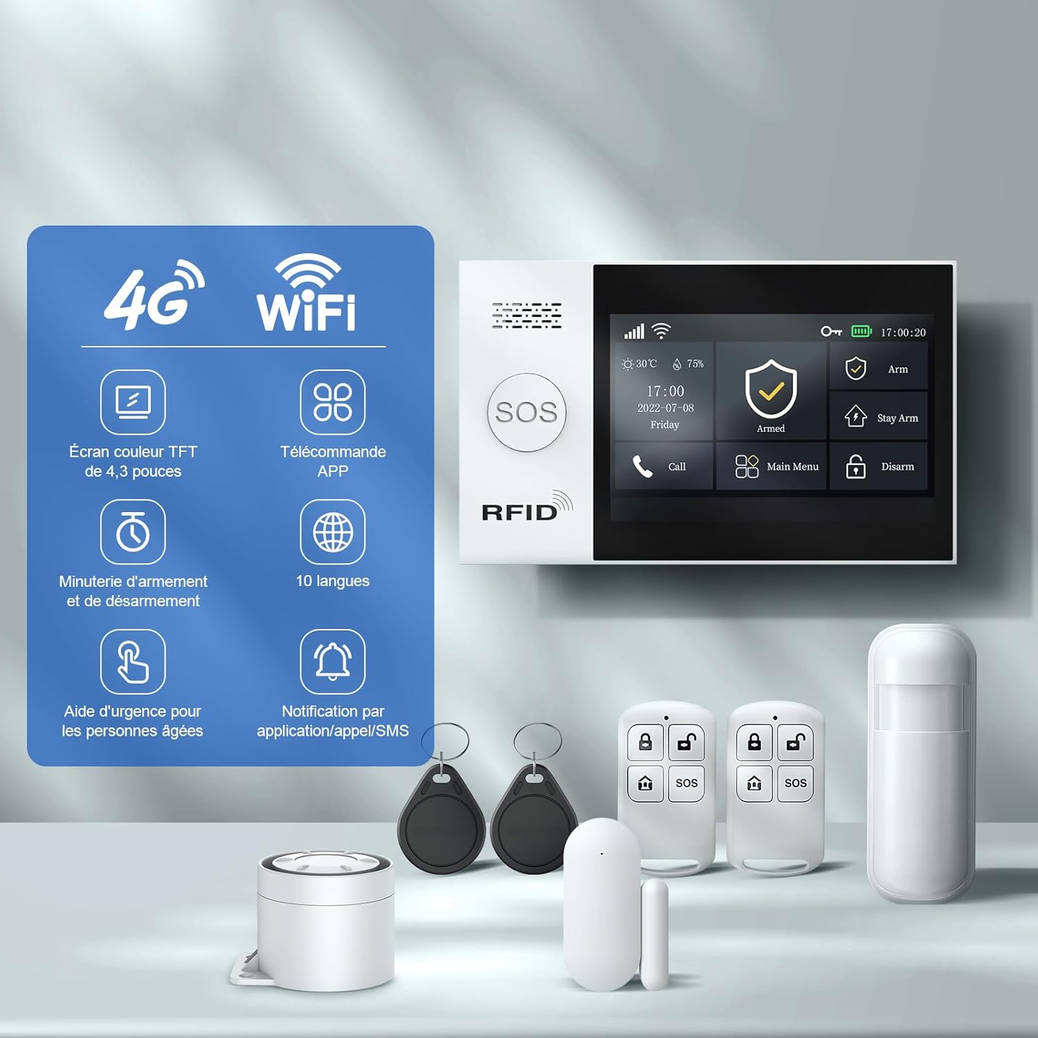 LWOHSI Système d'alarme sans fil, kit d'alarme avec écran tactile de 4,3 pouces, sans frais mensuels, compatible avec Alexa et Google pour les maisons et les appartements – Image 3