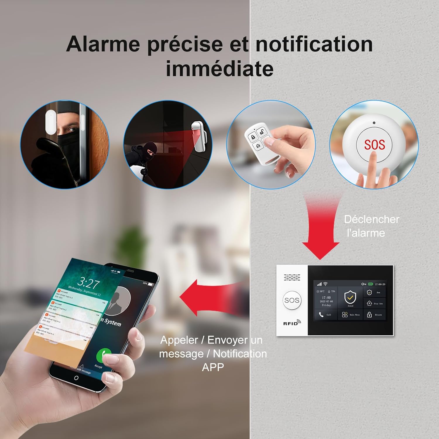 LWOHSI Système d'alarme sans fil, kit d'alarme avec écran tactile de 4,3 pouces, sans frais mensuels, compatible avec Alexa et Google pour les maisons et les appartements – Image 10
