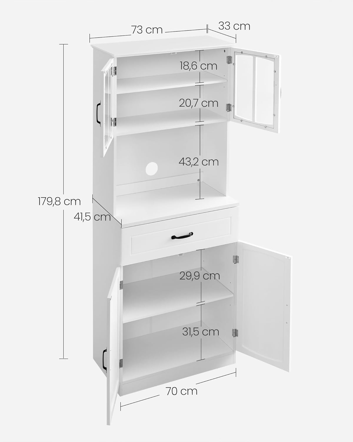 VASAGLE LSC361W21 Buffet haut de cuisine, meuble de rangement, garde-manger, placard, avec portes en verre et étagères réglables, passe-câble pour micro-ondes, style moderne, blanc LSC361W21 – Image 3