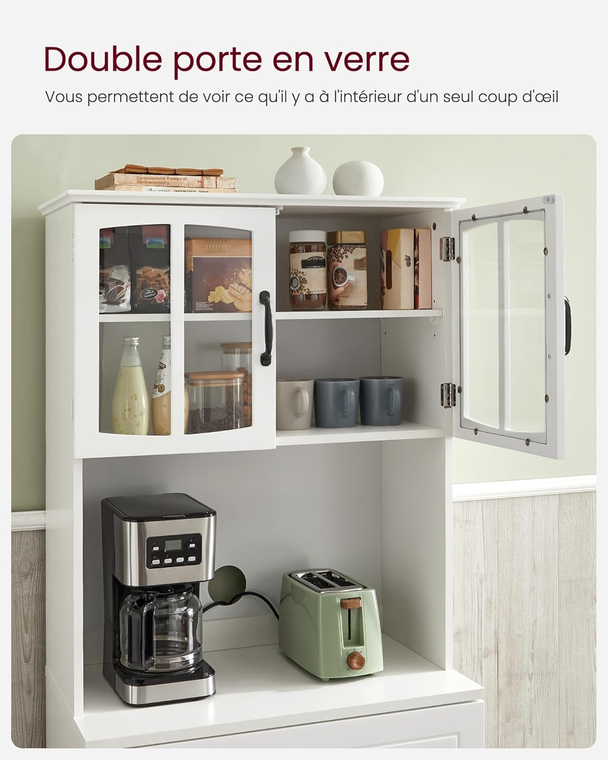 VASAGLE LSC361W21 Buffet haut de cuisine, meuble de rangement, garde-manger, placard, avec portes en verre et étagères réglables, passe-câble pour micro-ondes, style moderne, blanc LSC361W21 – Image 5
