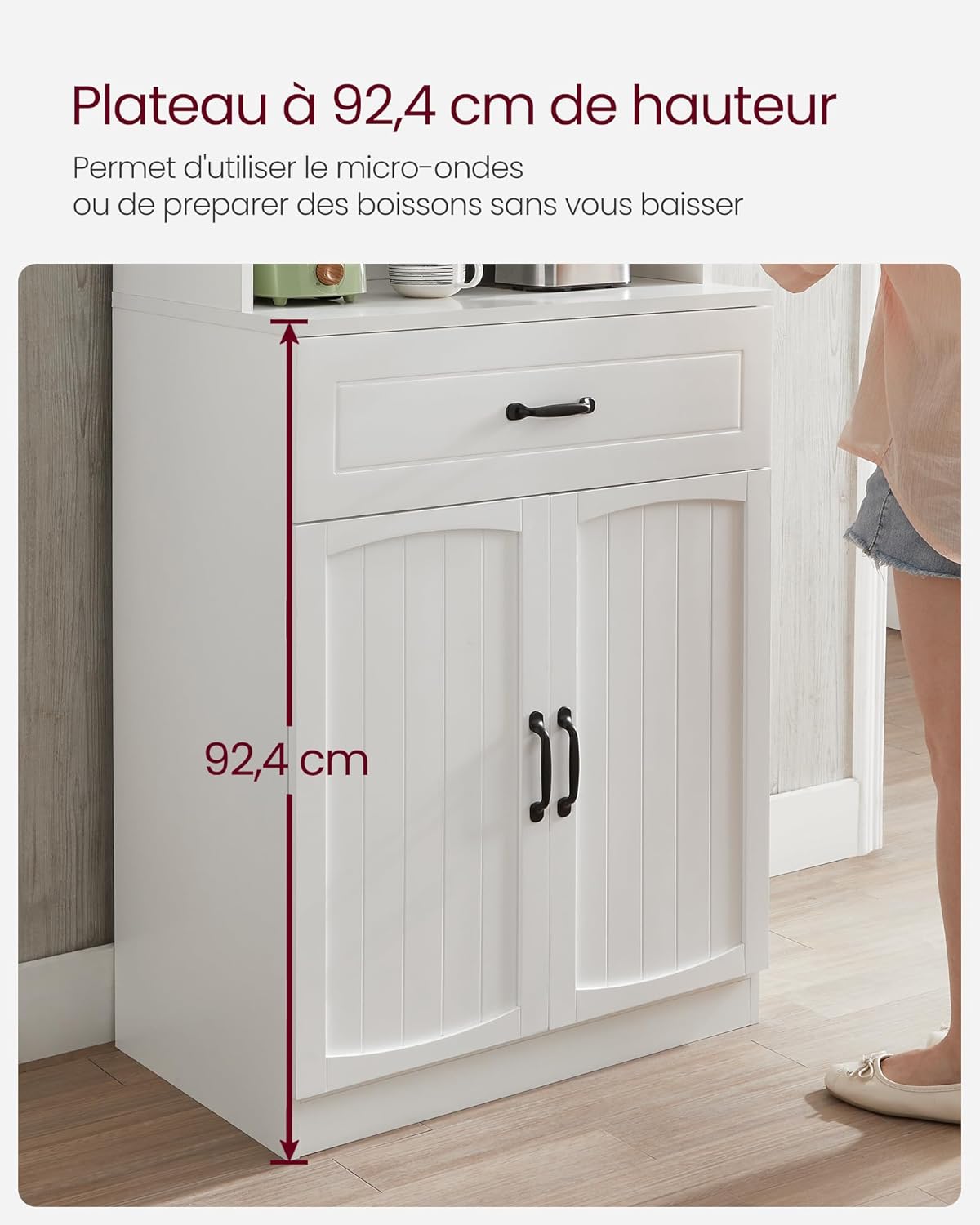 VASAGLE LSC361W21 Buffet haut de cuisine, meuble de rangement, garde-manger, placard, avec portes en verre et étagères réglables, passe-câble pour micro-ondes, style moderne, blanc LSC361W21 – Image 7
