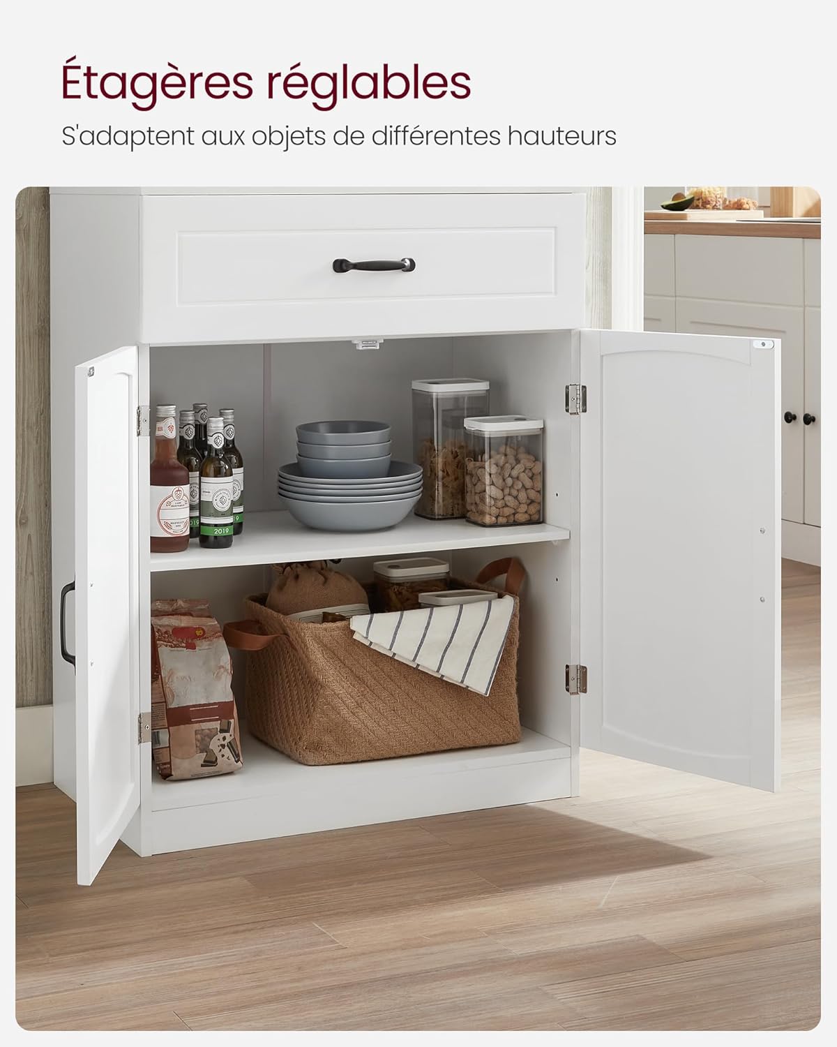 VASAGLE LSC361W21 Buffet haut de cuisine, meuble de rangement, garde-manger, placard, avec portes en verre et étagères réglables, passe-câble pour micro-ondes, style moderne, blanc LSC361W21 – Image 8