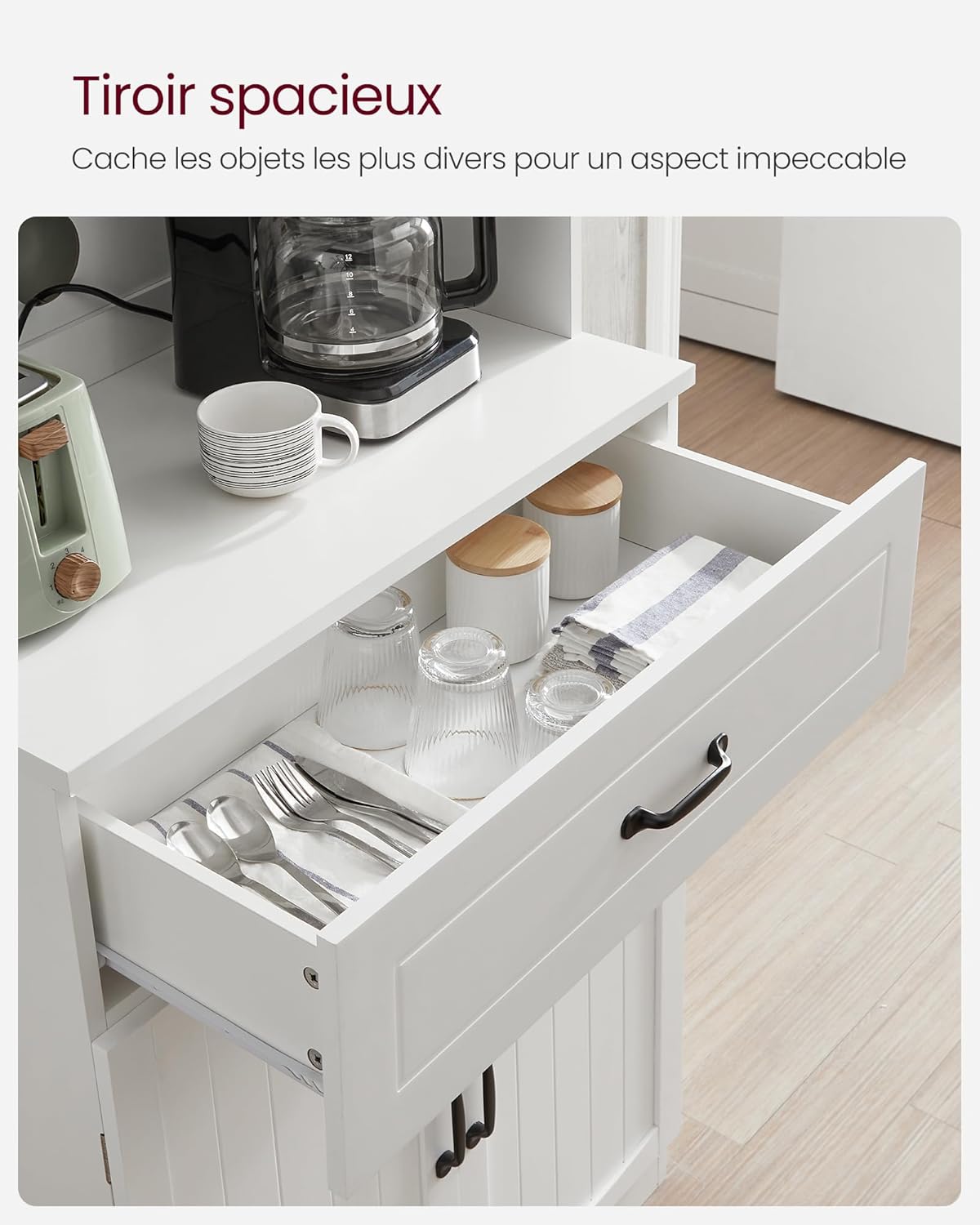 VASAGLE LSC361W21 Buffet haut de cuisine, meuble de rangement, garde-manger, placard, avec portes en verre et étagères réglables, passe-câble pour micro-ondes, style moderne, blanc LSC361W21 – Image 9