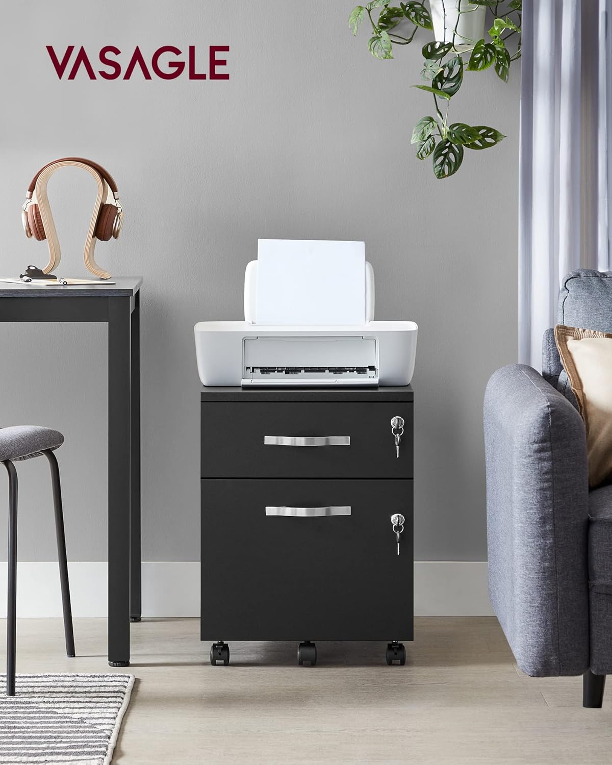 VASAGLE Armoire de bureau à roulettes verrouillable avec 2 tiroirs, 5 roulettes, barre de suspension réglable, pour dossiers suspendus format A4, noir encre LCD22BV1 – Image 3