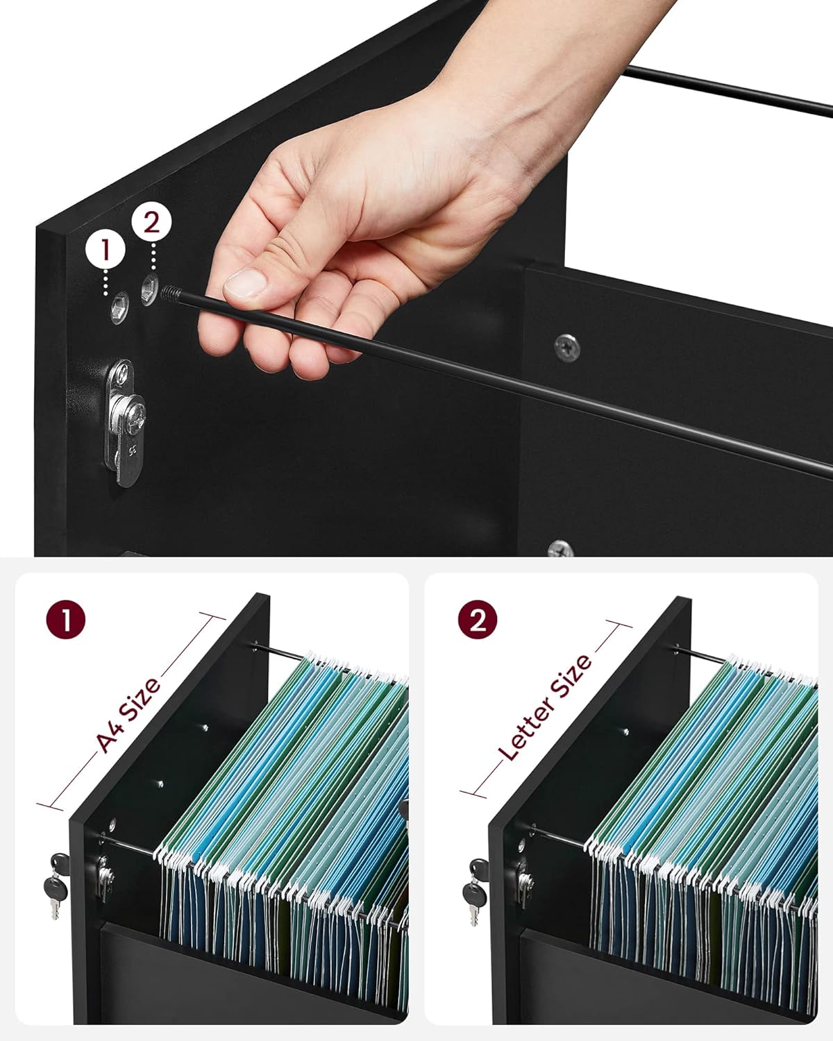 VASAGLE Armoire de bureau à roulettes verrouillable avec 2 tiroirs, 5 roulettes, barre de suspension réglable, pour dossiers suspendus format A4, noir encre LCD22BV1 – Image 4
