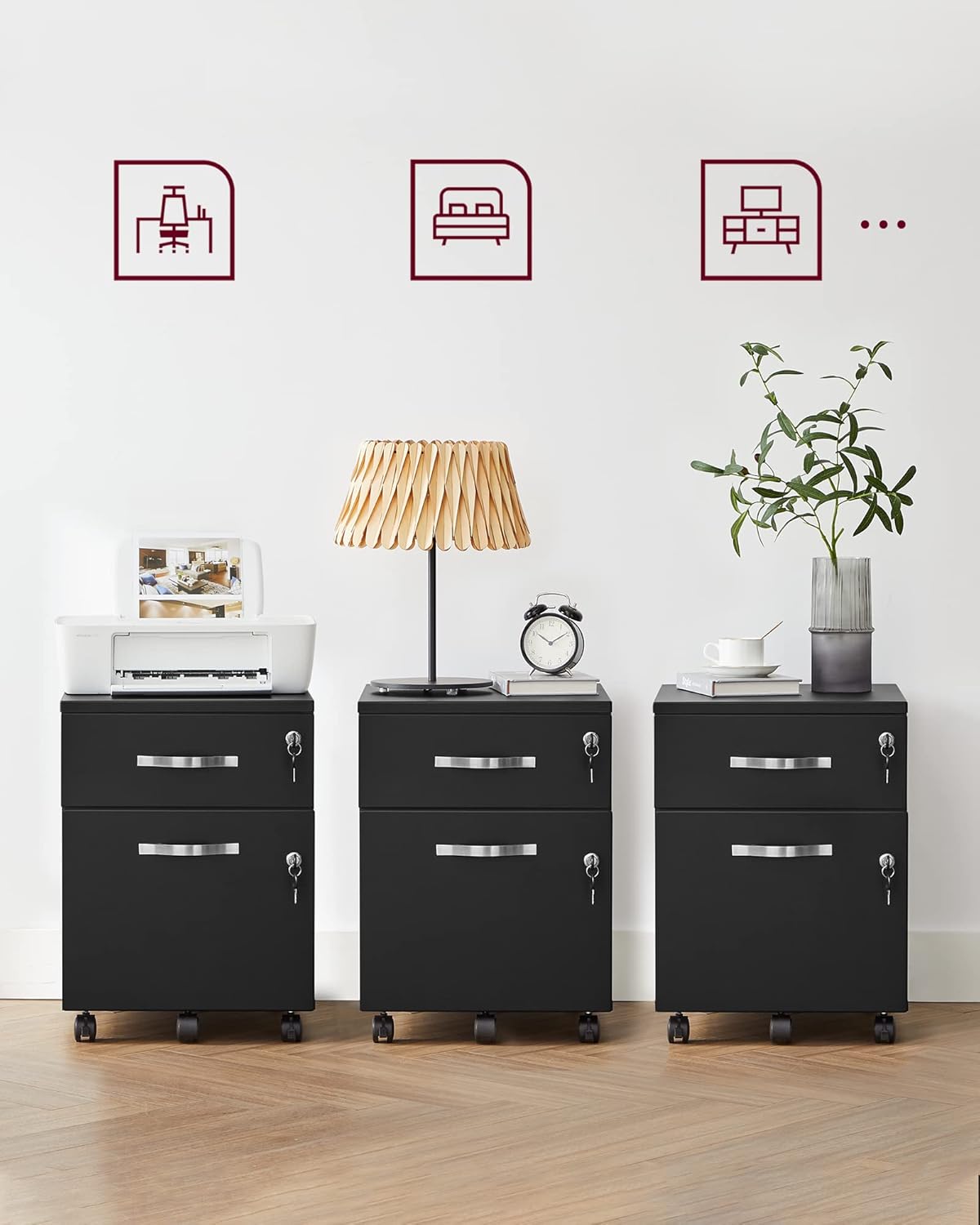VASAGLE Armoire de bureau à roulettes verrouillable avec 2 tiroirs, 5 roulettes, barre de suspension réglable, pour dossiers suspendus format A4, noir encre LCD22BV1 – Image 10