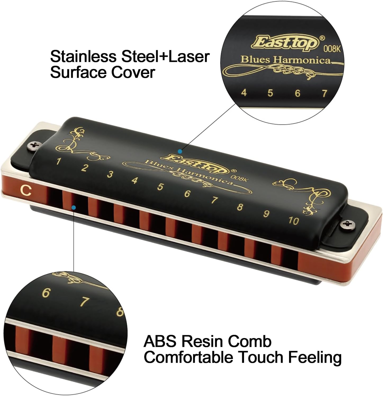 East top C Harmonica diatonique 10 trous 20 tons T008K avec étui noir Blues Harmonica pour adultes débutants étudiants enfants meilleur cadeau – Image 3