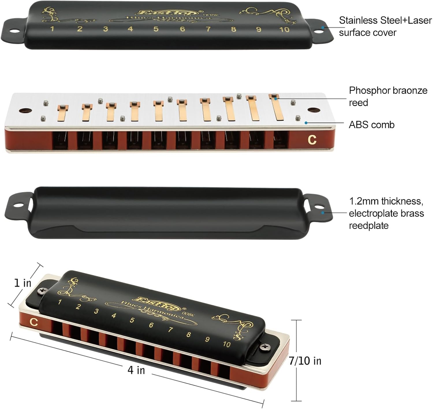 East top C Harmonica diatonique 10 trous 20 tons T008K avec étui noir Blues Harmonica pour adultes débutants étudiants enfants meilleur cadeau – Image 4