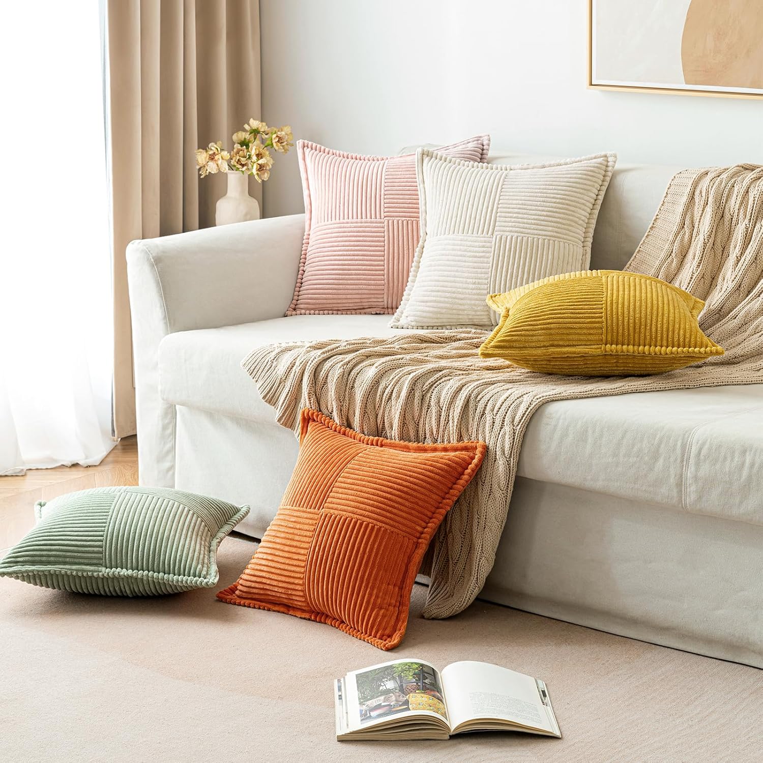 MIULEE Lot de 2 housses de coussin en velours côtelé, carrées, décoratives, douces, pour la décoration de la maison, du canapé, de la chambre à coucher, crème, 40 x 40 cm – Image 5