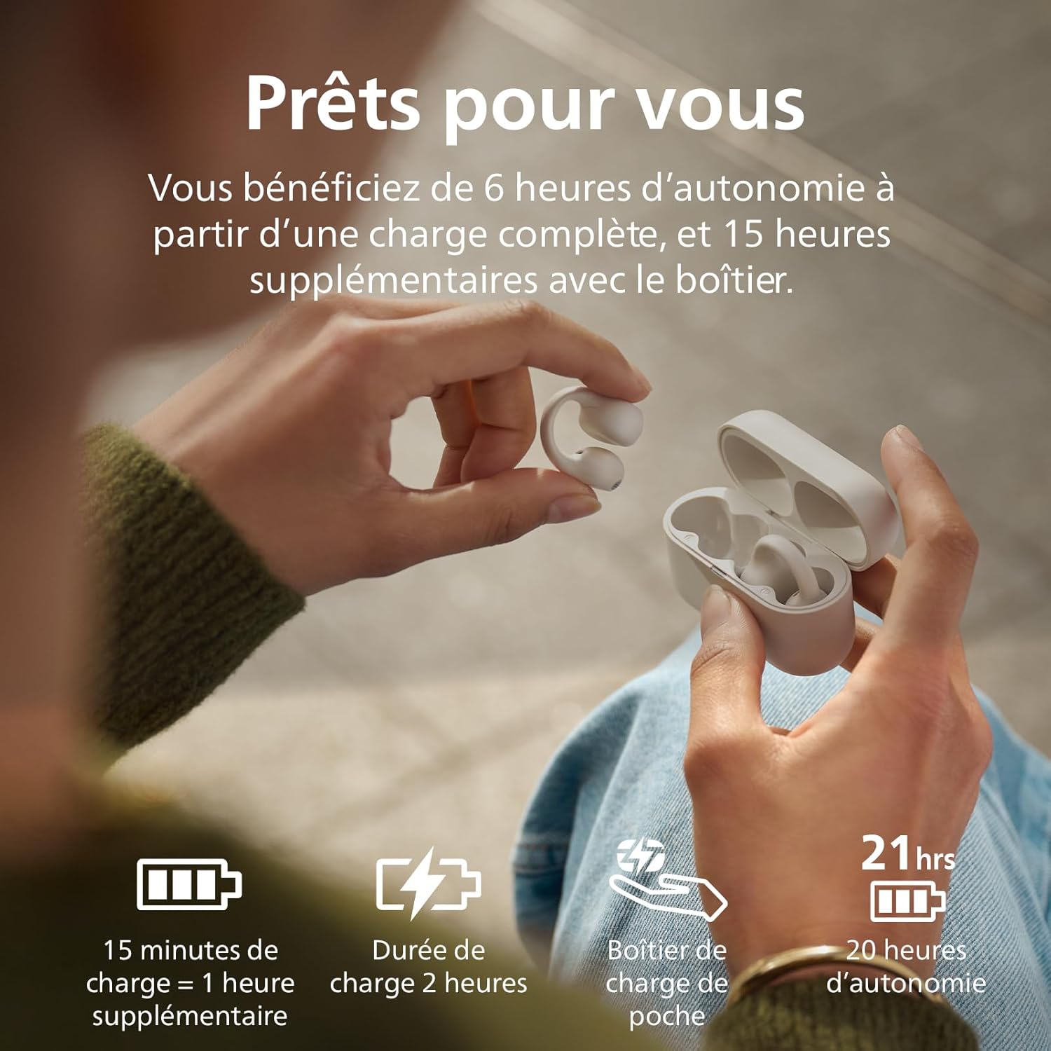 Philips TAQ2000WT Écouteurs sans fil véritables, conception à oreille ouverte – Bluetooth multipoint, autonomie de 28 heures, étui de chargement de poche, appels clairs – Blanc – Image 6
