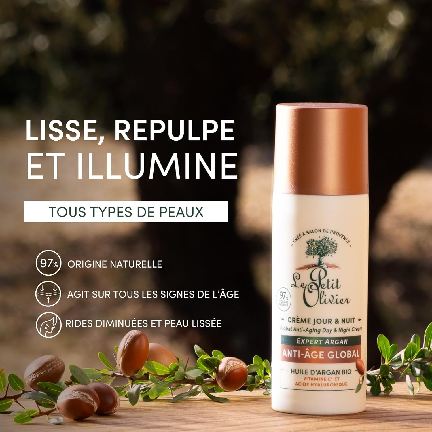 LE PETIT OLIVIER - Crème Anti-Âge Jour & Nuit - Huile d'Argan, Vitamine C & Acide Hyaluronique - Repulpe et éclaircit - Tous types de peaux - 97% d'origine naturelle - Fabriquée en France - 50 ml – Image 3