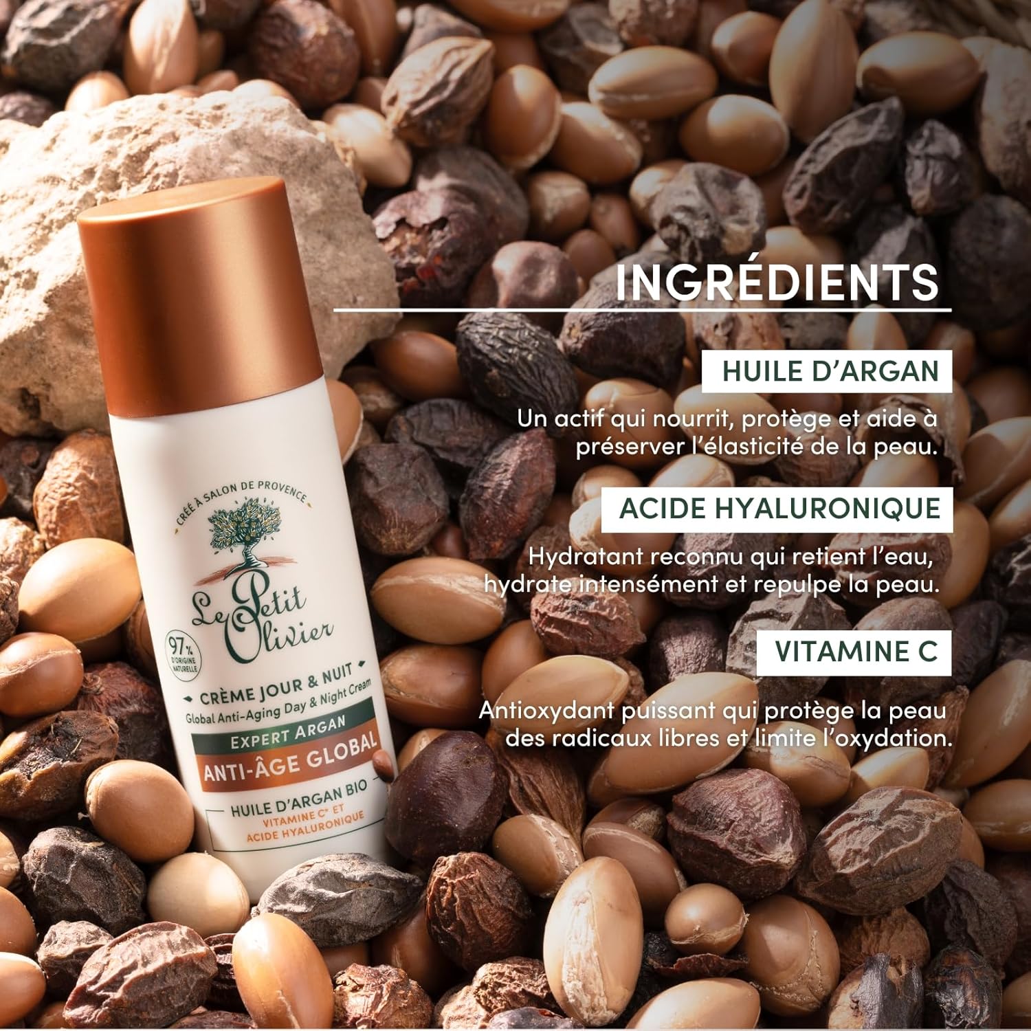 LE PETIT OLIVIER - Crème Anti-Âge Jour & Nuit - Huile d'Argan, Vitamine C & Acide Hyaluronique - Repulpe et éclaircit - Tous types de peaux - 97% d'origine naturelle - Fabriquée en France - 50 ml – Image 6