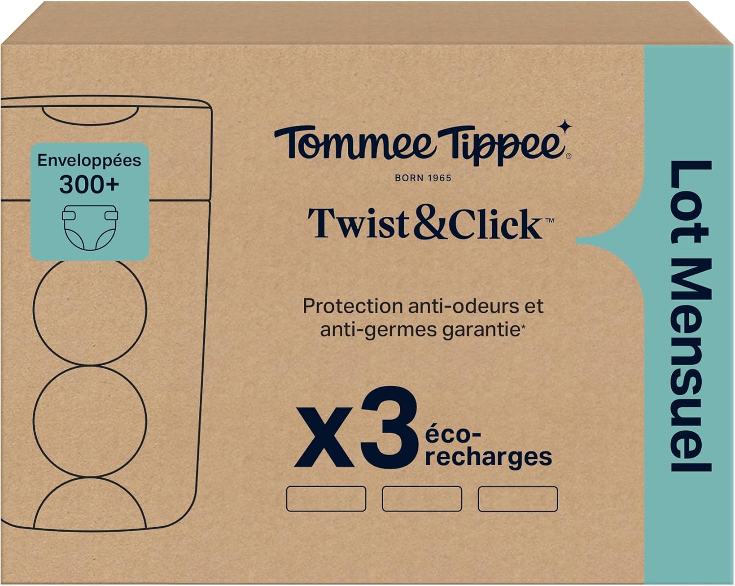 Tommee Tippee Twist & Click Film de recharge pour poubelle à couches, lot de 3, longueur 10,5 m chacun, film antibactérien multicouche*, s'adapte à la cassette Twist & Click, 3 x 10,5 m – Image 3
