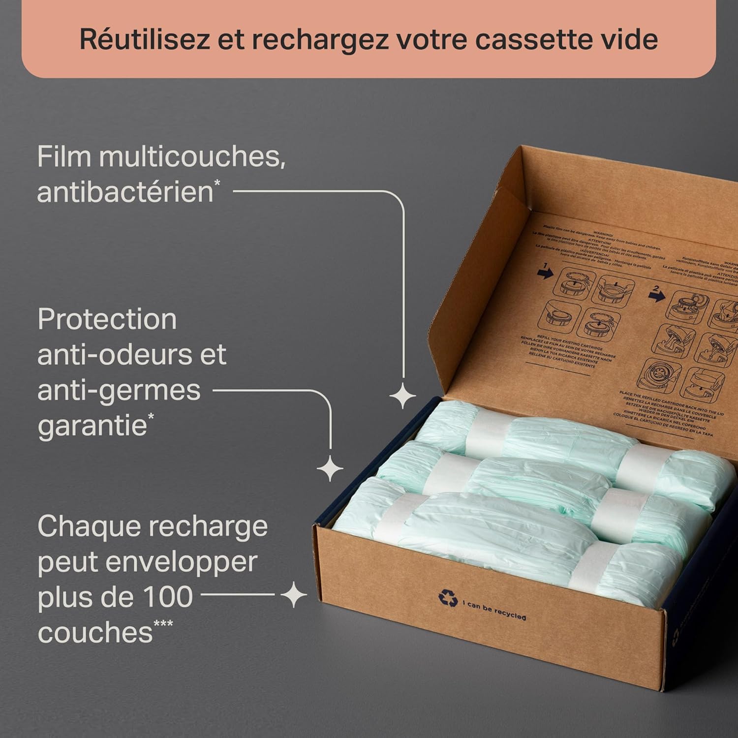 Tommee Tippee Twist & Click Film de recharge pour poubelle à couches, lot de 3, longueur 10,5 m chacun, film antibactérien multicouche*, s'adapte à la cassette Twist & Click, 3 x 10,5 m – Image 5