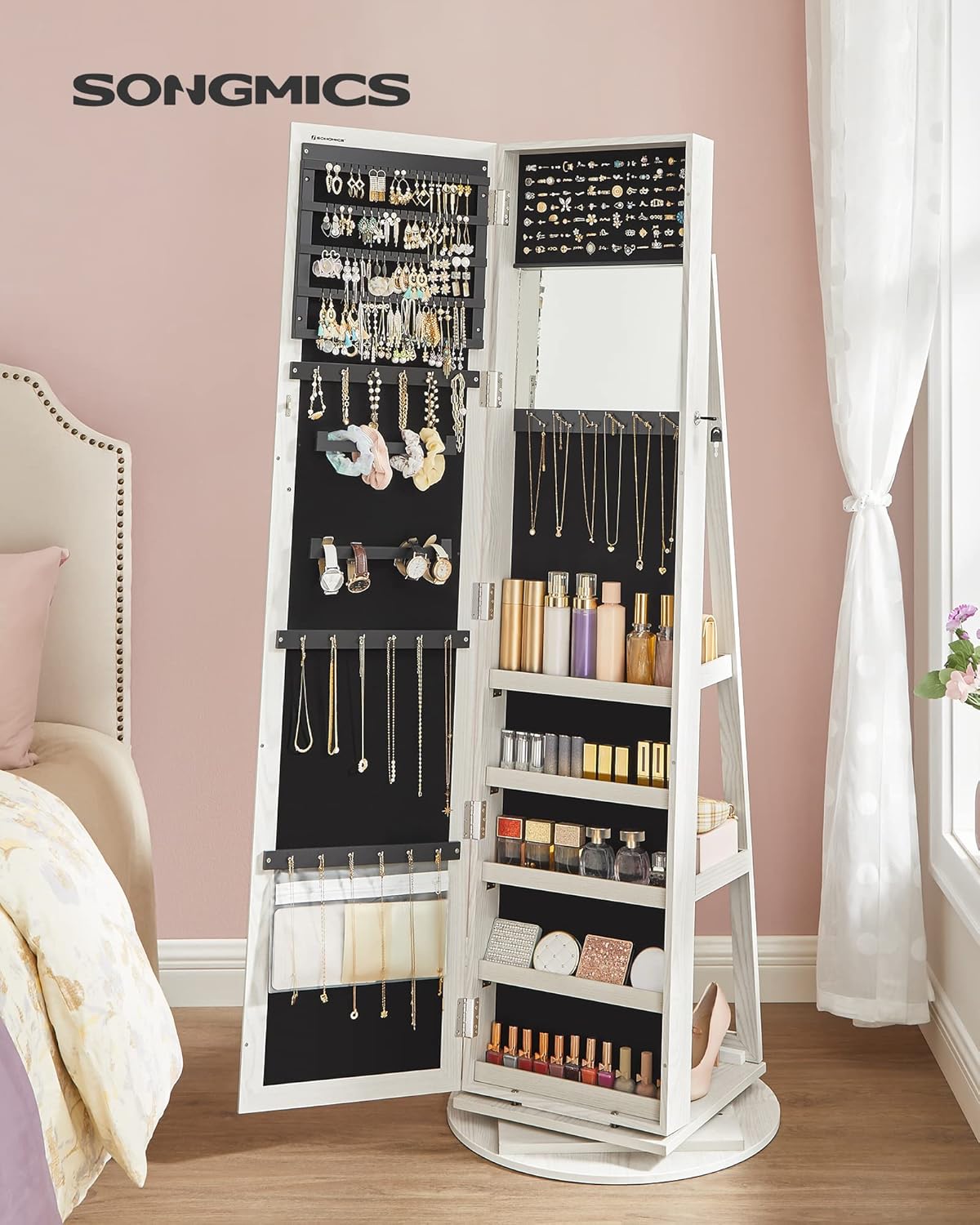 SONGMICS Armoire à bijoux avec miroir pleine longueur, pivotante à 360°, étagère de rangement, verrouillable avec clés, pour chambre à coucher, bois grisâtre blanc JBC62W – Image 3
