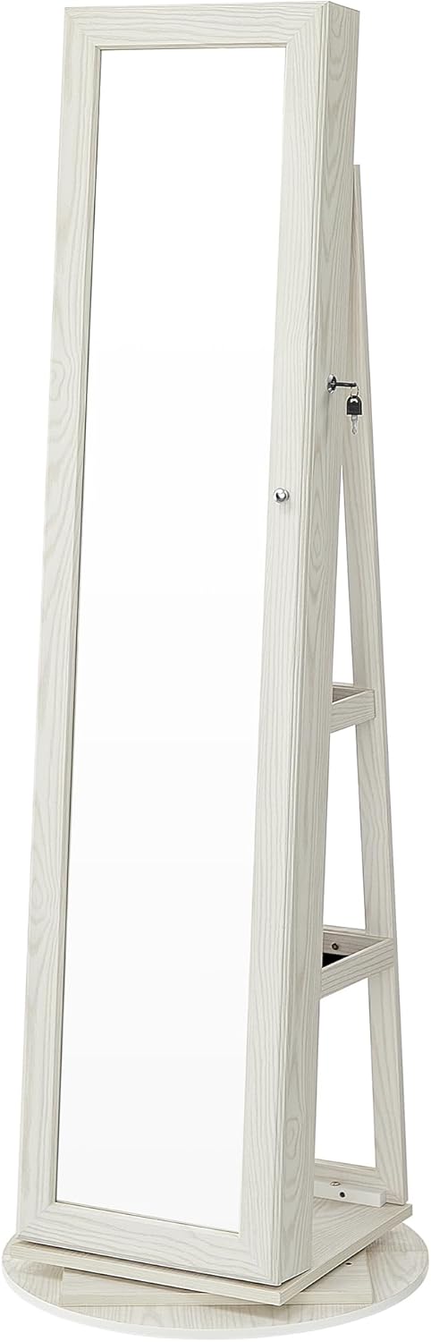 SONGMICS Armoire à bijoux avec miroir pleine longueur, pivotante à 360°, étagère de rangement, verrouillable avec clés, pour chambre à coucher, bois grisâtre blanc JBC62W – Image 5