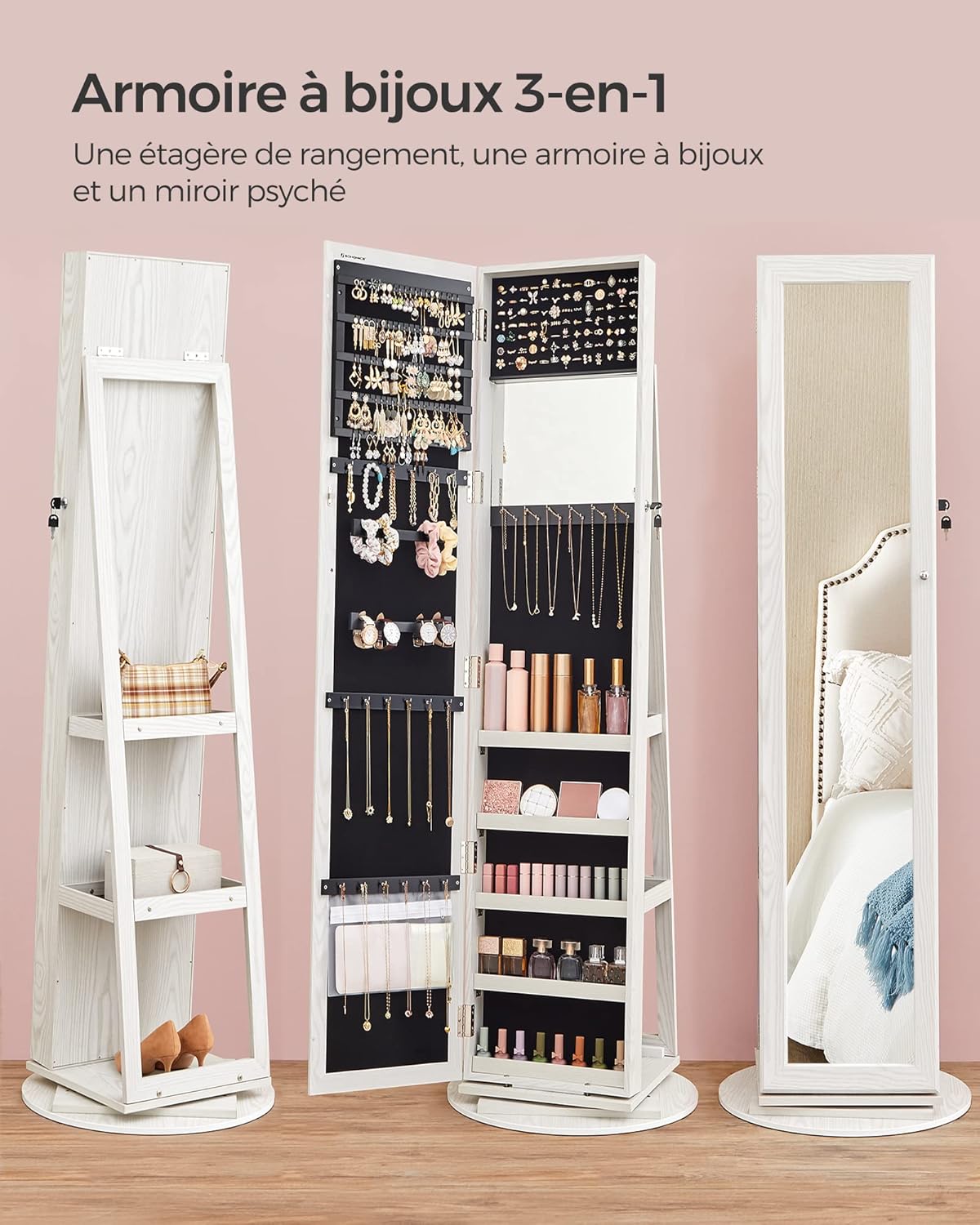 SONGMICS Armoire à bijoux avec miroir pleine longueur, pivotante à 360°, étagère de rangement, verrouillable avec clés, pour chambre à coucher, bois grisâtre blanc JBC62W – Image 6