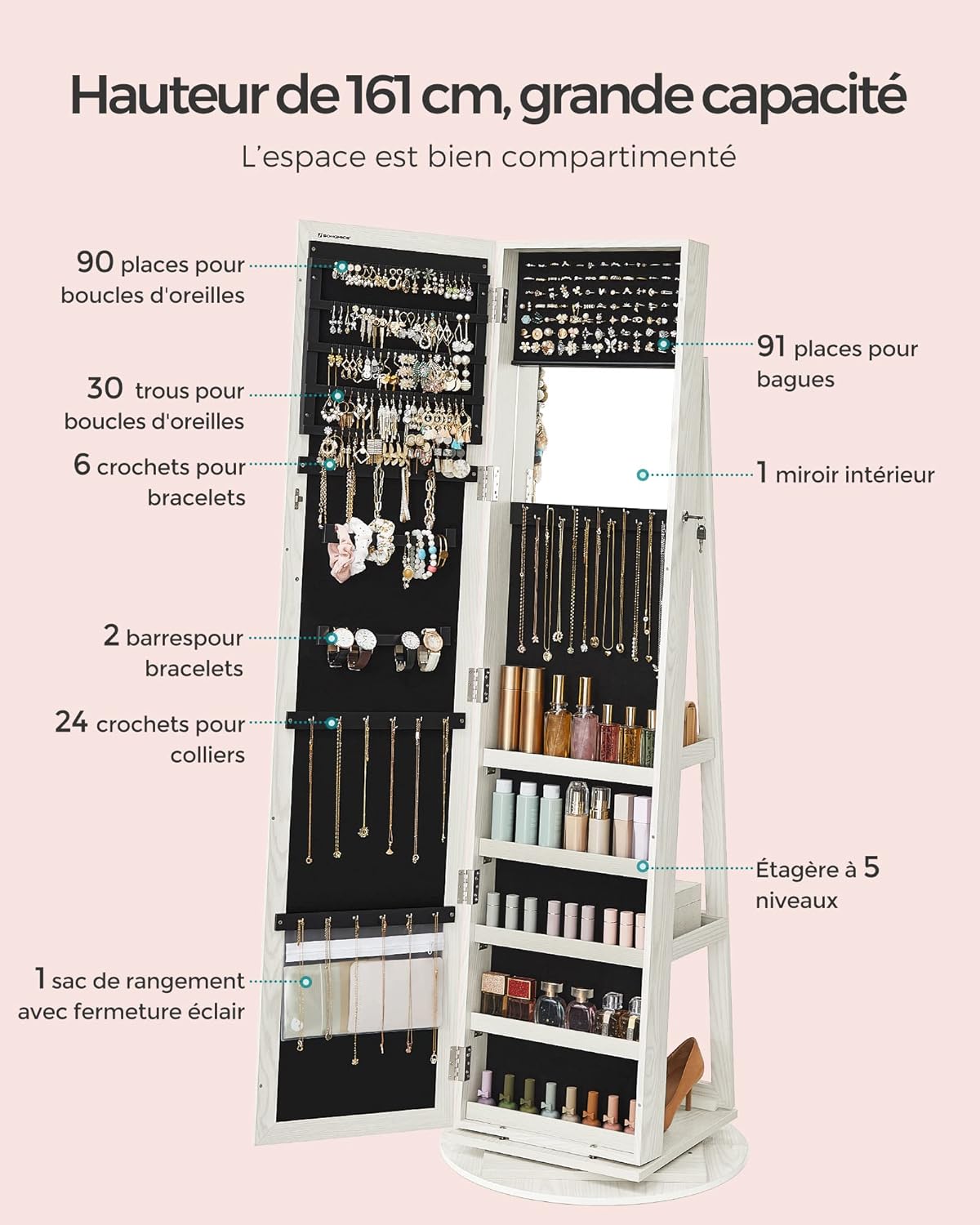 SONGMICS Armoire à bijoux avec miroir pleine longueur, pivotante à 360°, étagère de rangement, verrouillable avec clés, pour chambre à coucher, bois grisâtre blanc JBC62W – Image 7