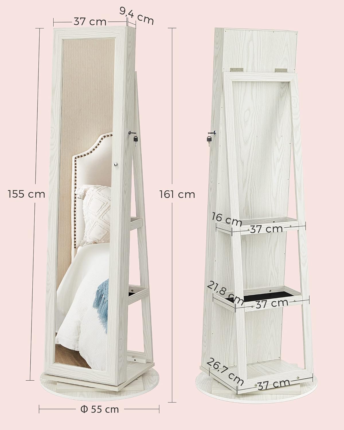 SONGMICS Armoire à bijoux avec miroir pleine longueur, pivotante à 360°, étagère de rangement, verrouillable avec clés, pour chambre à coucher, bois grisâtre blanc JBC62W – Image 8