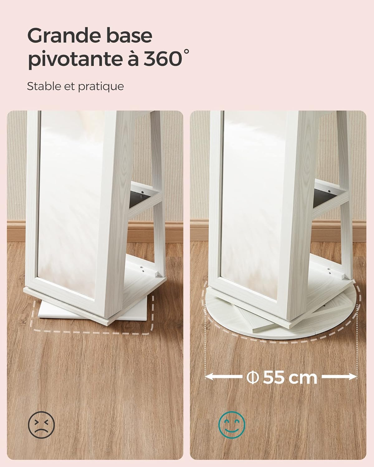 SONGMICS Armoire à bijoux avec miroir pleine longueur, pivotante à 360°, étagère de rangement, verrouillable avec clés, pour chambre à coucher, bois grisâtre blanc JBC62W – Image 9