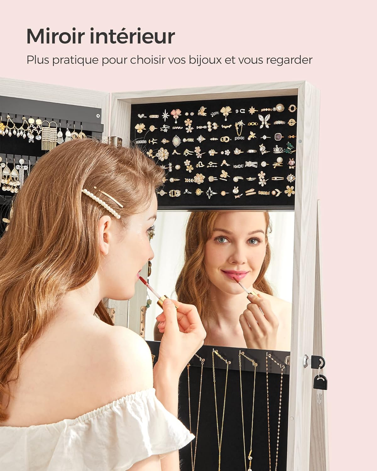 SONGMICS Armoire à bijoux avec miroir pleine longueur, pivotante à 360°, étagère de rangement, verrouillable avec clés, pour chambre à coucher, bois grisâtre blanc JBC62W – Image 10