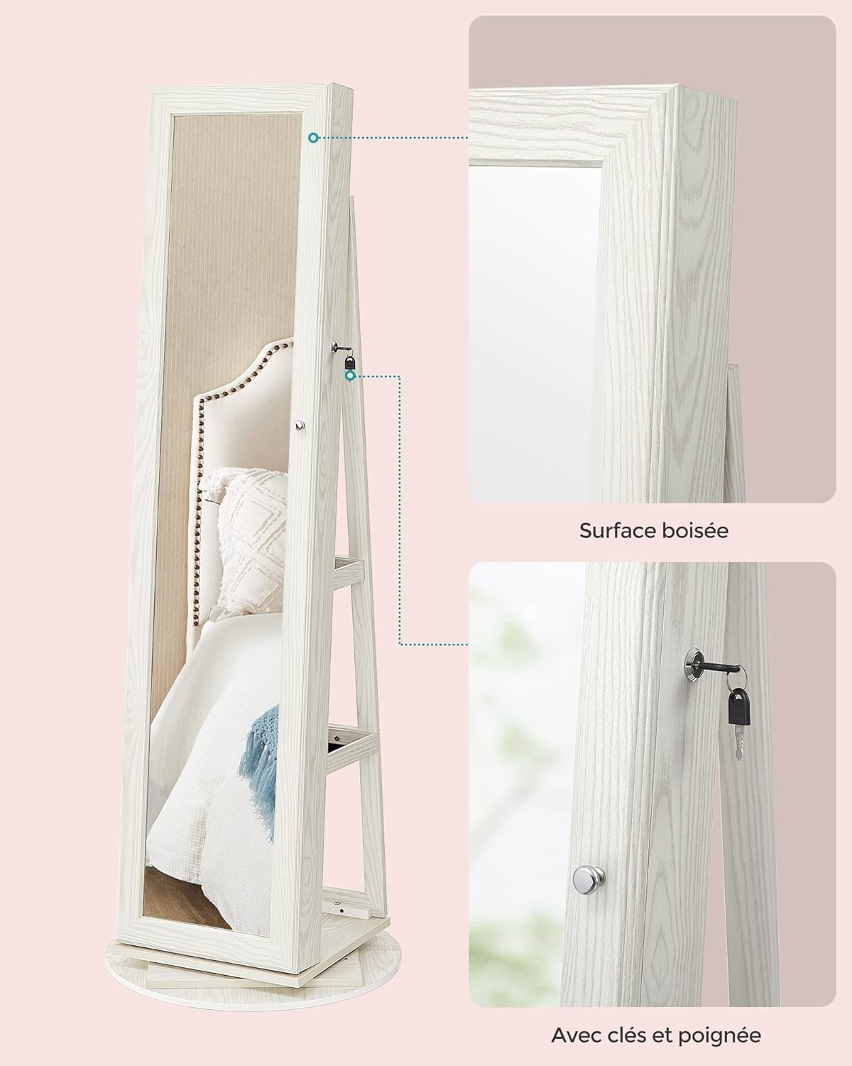 SONGMICS Armoire à bijoux avec miroir pleine longueur, pivotante à 360°, étagère de rangement, verrouillable avec clés, pour chambre à coucher, bois grisâtre blanc JBC62W – Image 11