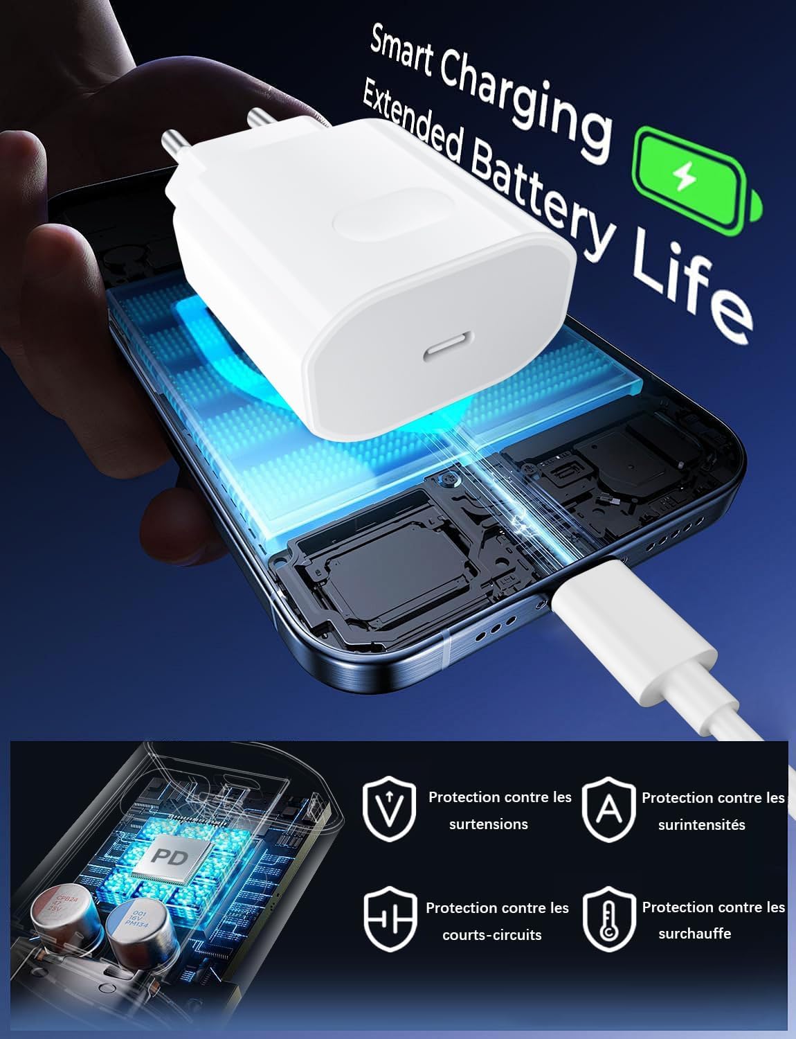 Chargeur rapide USB C pour iPhone 17/17 Air/17 Pro/17 Pro Max, iPhone 16/15/15 16 Pro Max, prise adaptateur secteur 27 W avec câble USB-C 2 M – Image 7