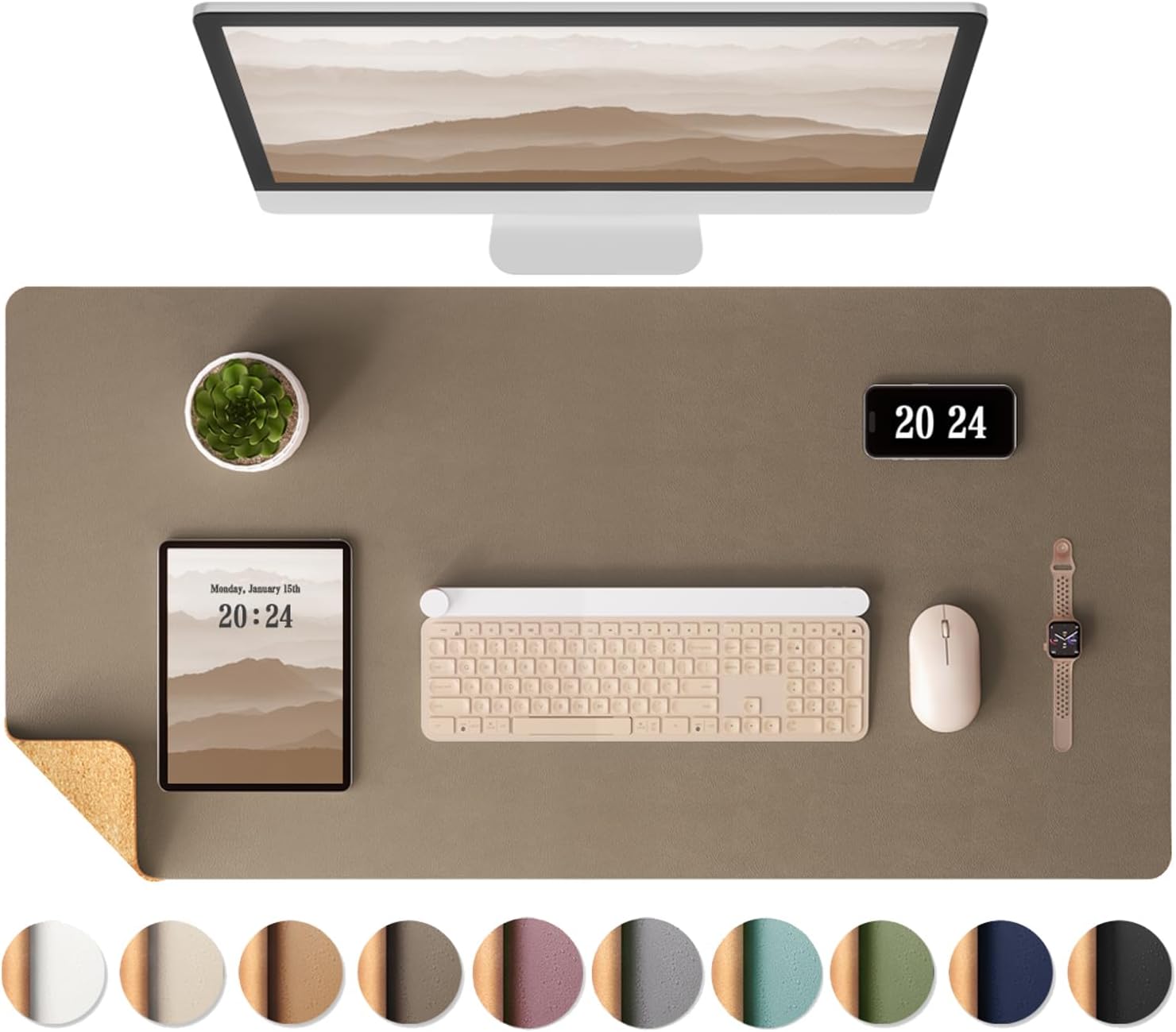 Aothia Sous-main de bureau en liège, double face en liège naturel et cuir PU, tapis de souris/protecteur de table, facile à nettoyer, imperméable pour bureau/maison (café, 65 x 35 cm) – Image 2